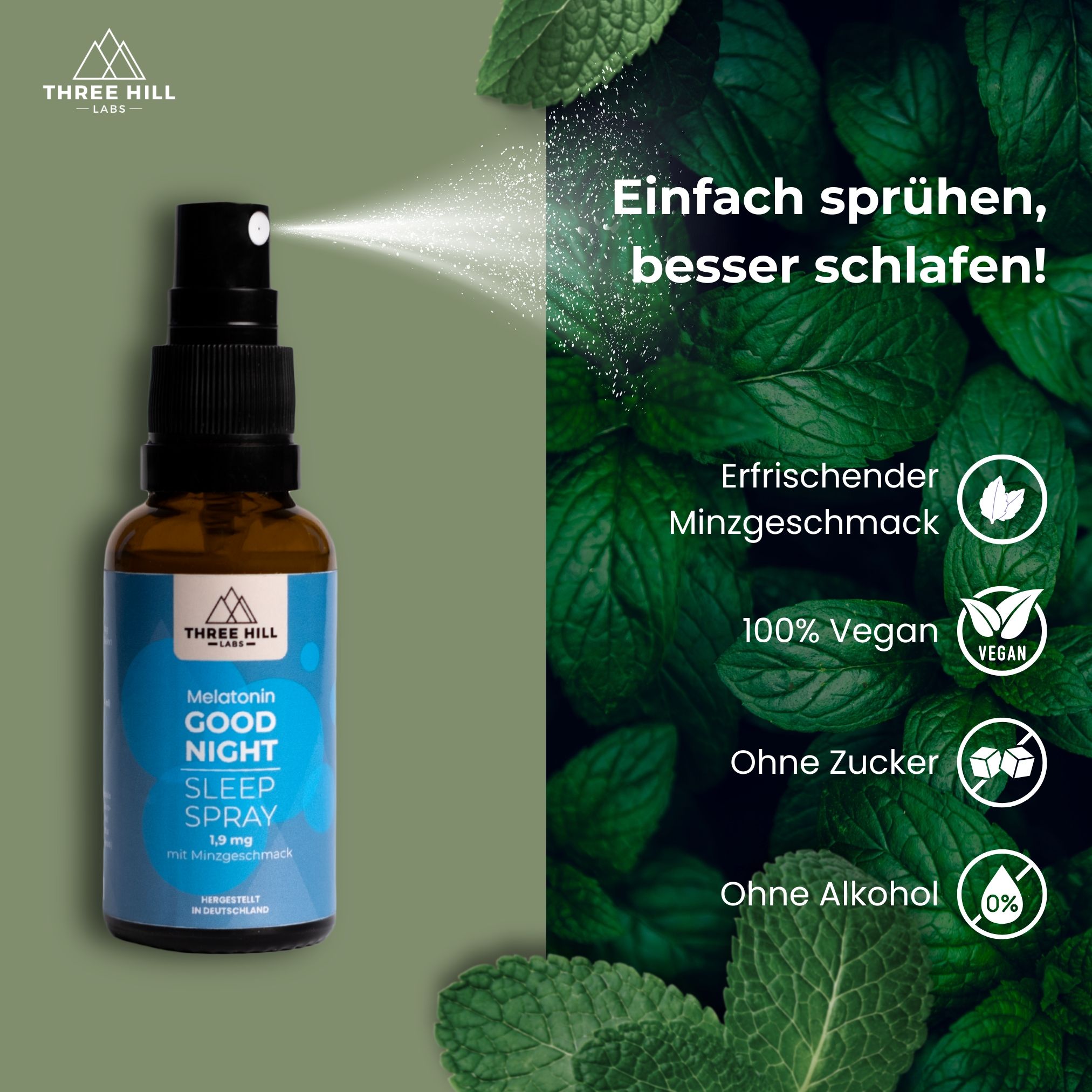 Sprayflasche sprüht. Text: Einfach sprühen, besser schlafen! Erfrischender Minzgeschmack. 100% Vegan. Ohne Zucker. Ohne Alkohol.