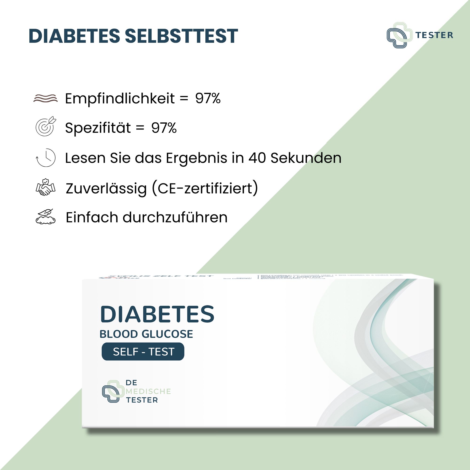Text mit Informationen: Empfindlichkeit 97%, Spezifität 97%, Ergebnis in 40 Sekunden, zuverlässig (CE-zertifiziert), einfach durchzuführen. Box "DIABETES".