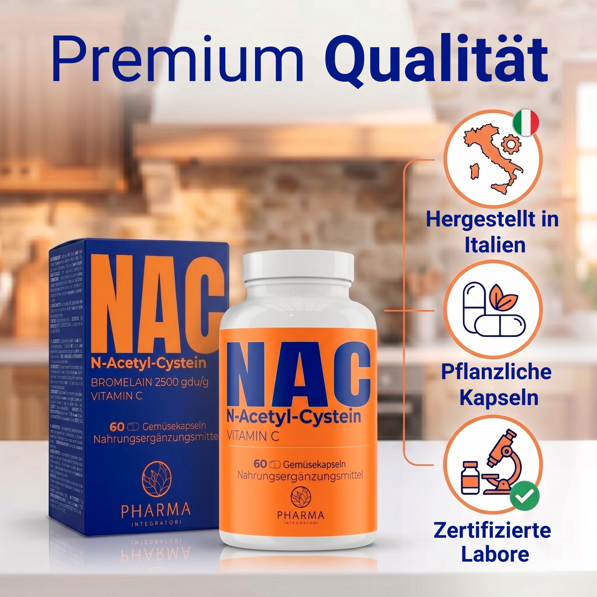 NAC N-Acetylcystein Dose und Verpackung, hergestellt in Italien, pflanzliche Kapseln.
