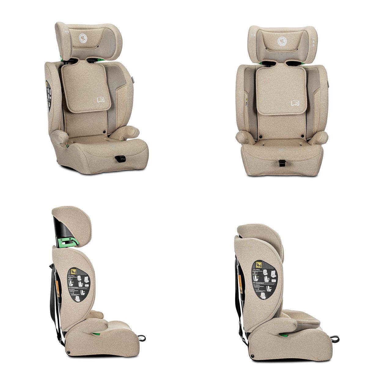 Beige Kindersitz in verschiedenen Ansichten, mit verstellbarer Kopfstütze.