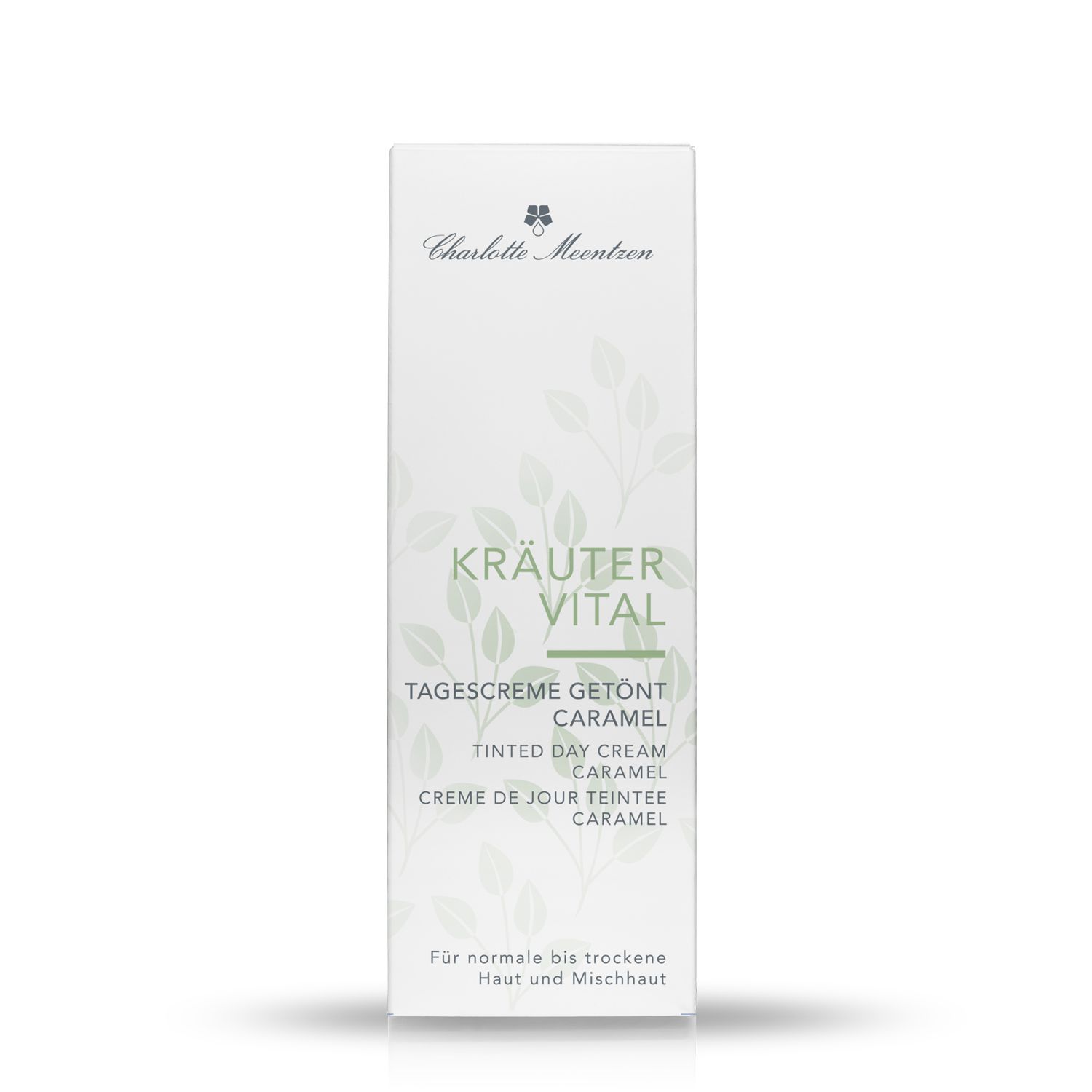 Weiße Verpackung mit Produktnamen und Logo. Text: Kräuter Vital Tagescreme getönt Caramel. Für normale bis trockene Haut.