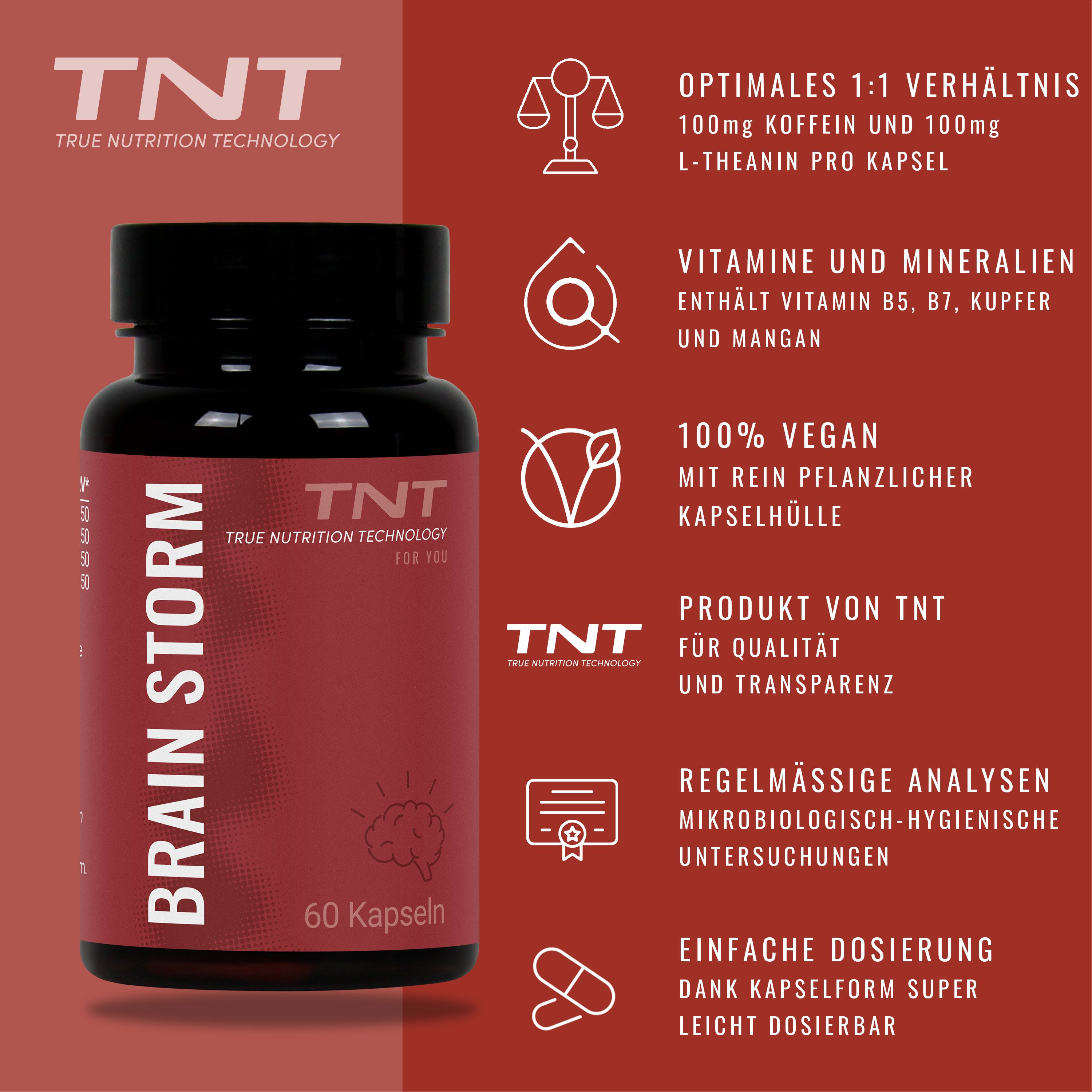 Produktflasche mit Informationen. Text: TNT, BRAIN STORM, 60 Kapseln. Zusätzliche Informationen.