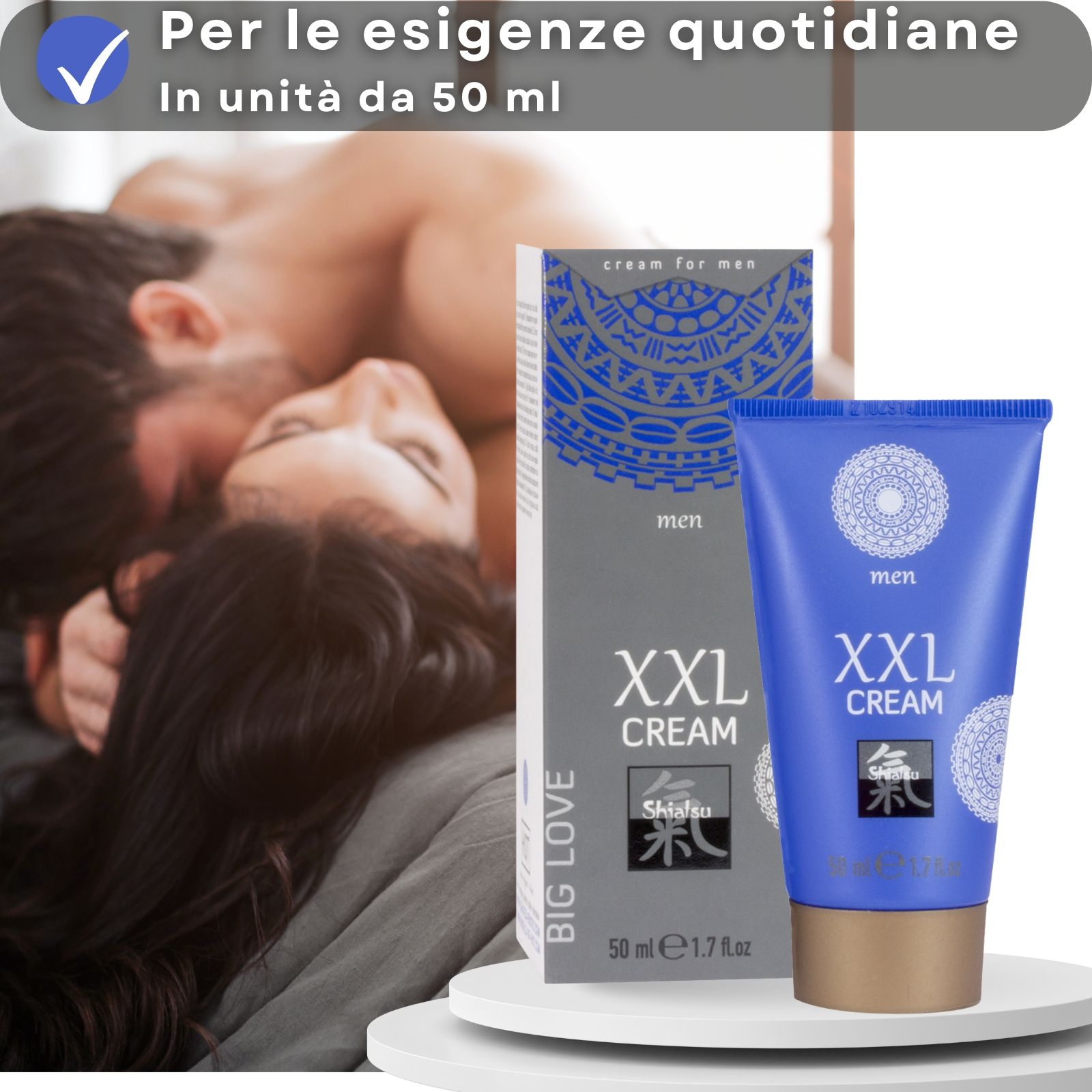 Tubo blu e scatola grigia. XXL CREAM. Logo Shiatsu. 50 ml. Crema per uomini.