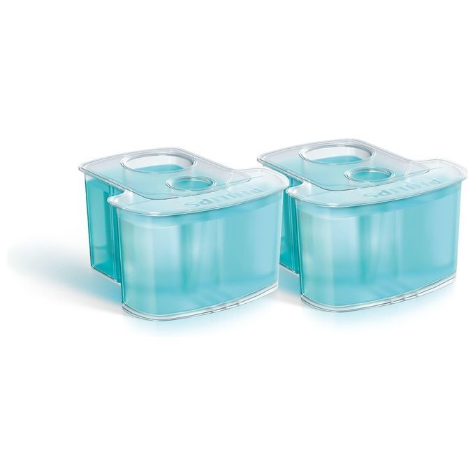 Due cartucce di pulizia blu. Visibile la scritta "Philips". Forma rettangolare con angoli arrotondati e coperchio.