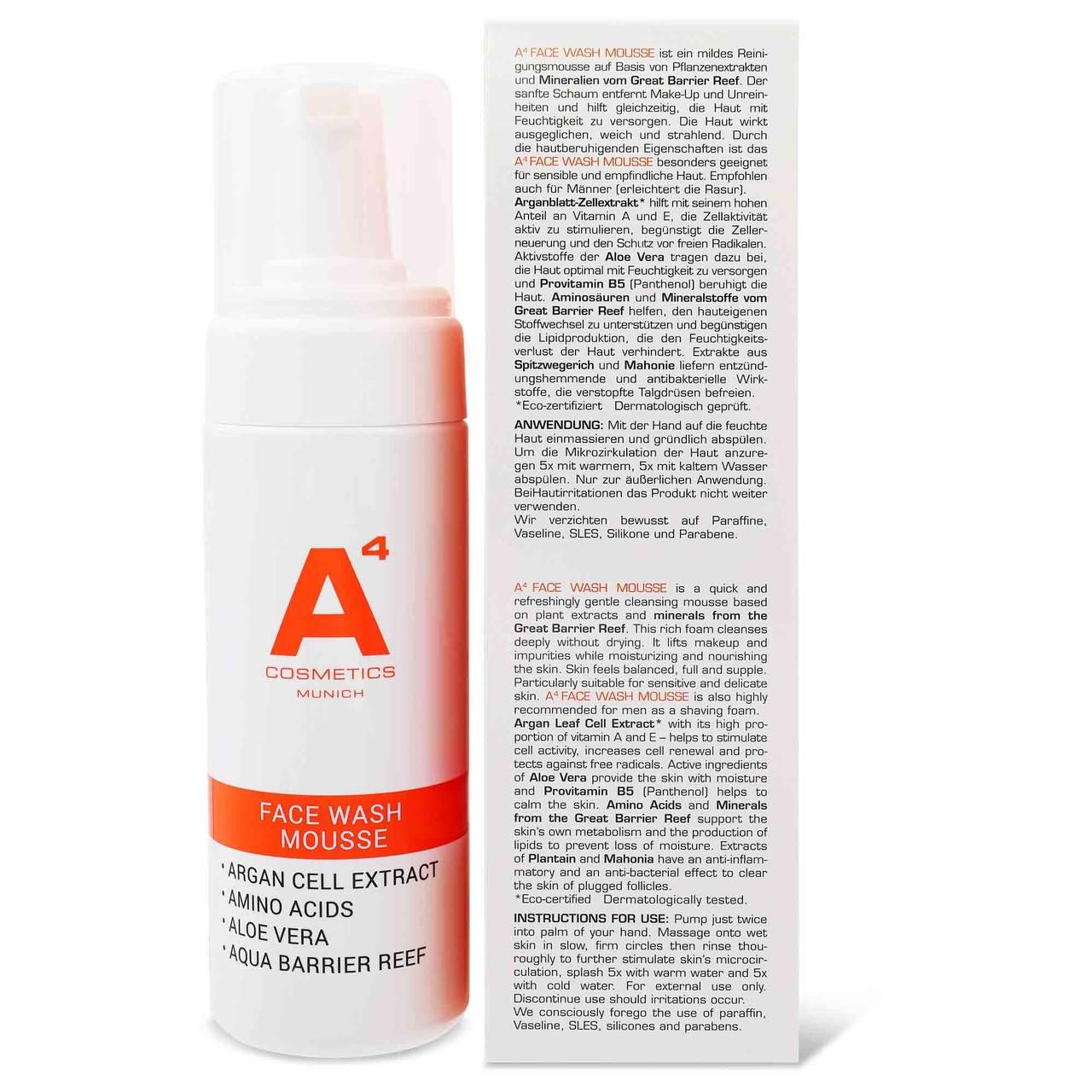 Weiße Flasche mit Text: A4 Cosmetics, Face Wash Mousse. Inhaltsstoffe: Argan Cell Extract, Aloe Vera. Auf der Rückseite Text in Deutsch und Englisch.