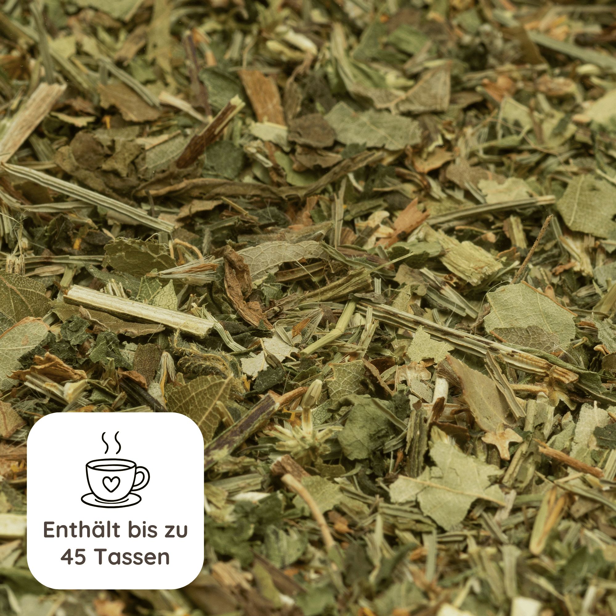 Nahaufnahme von Kräutermischung. Text: Enthält bis zu 45 Tassen. Icon: Tasse mit Herz.