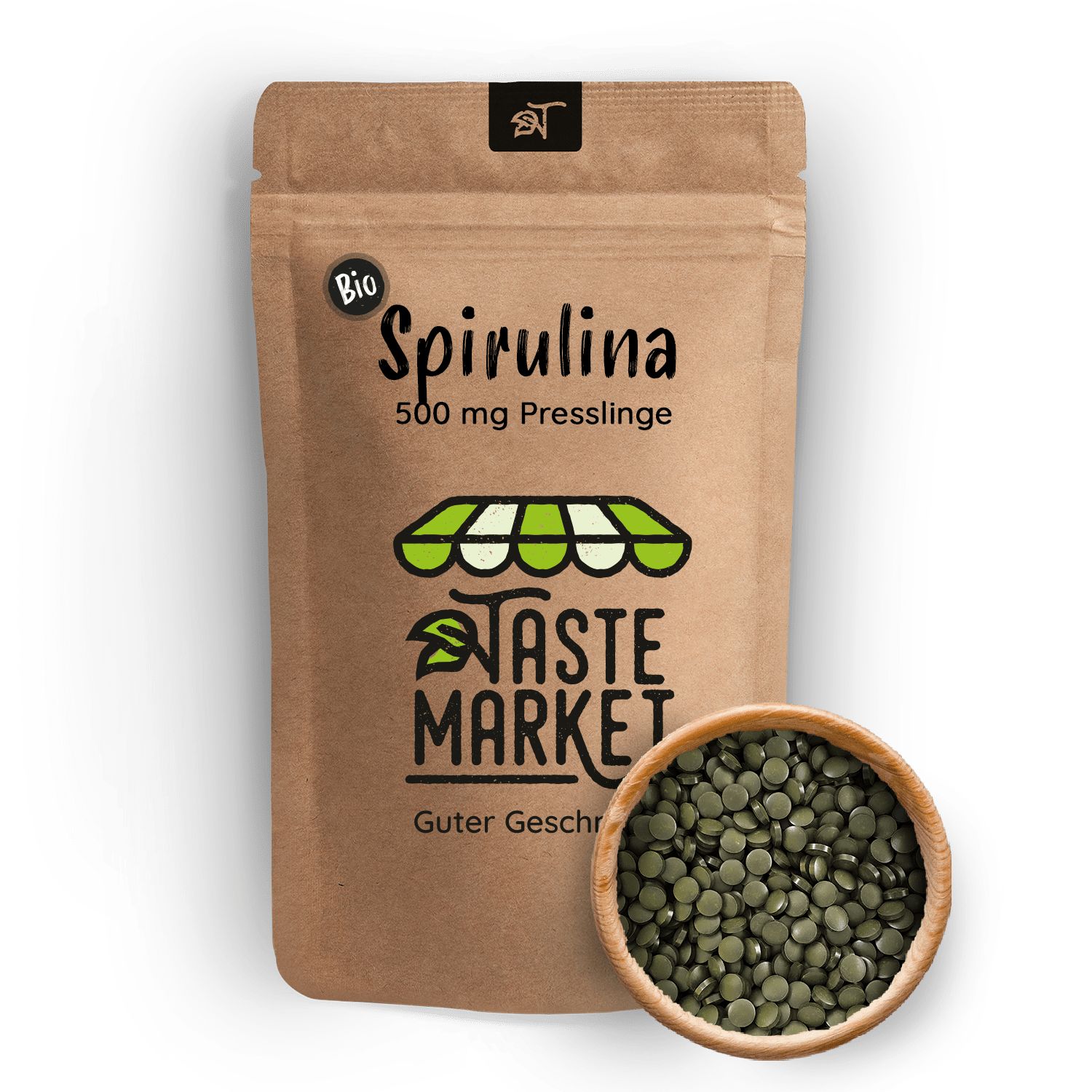 Braune Tüte mit "Bio Spirulina 500 mg Presslinge" und Holzschale mit grünen Presslingen. Logo "Taste Market".
