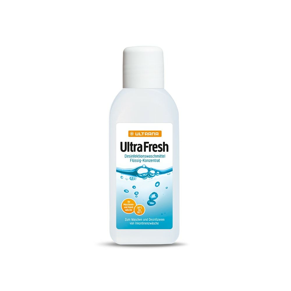 Weiße Flasche mit weißem Deckel. Etikett mit Produktnamen Ultra Fresh und blauer Grafik. Text: Desinfektionswaschmittel.