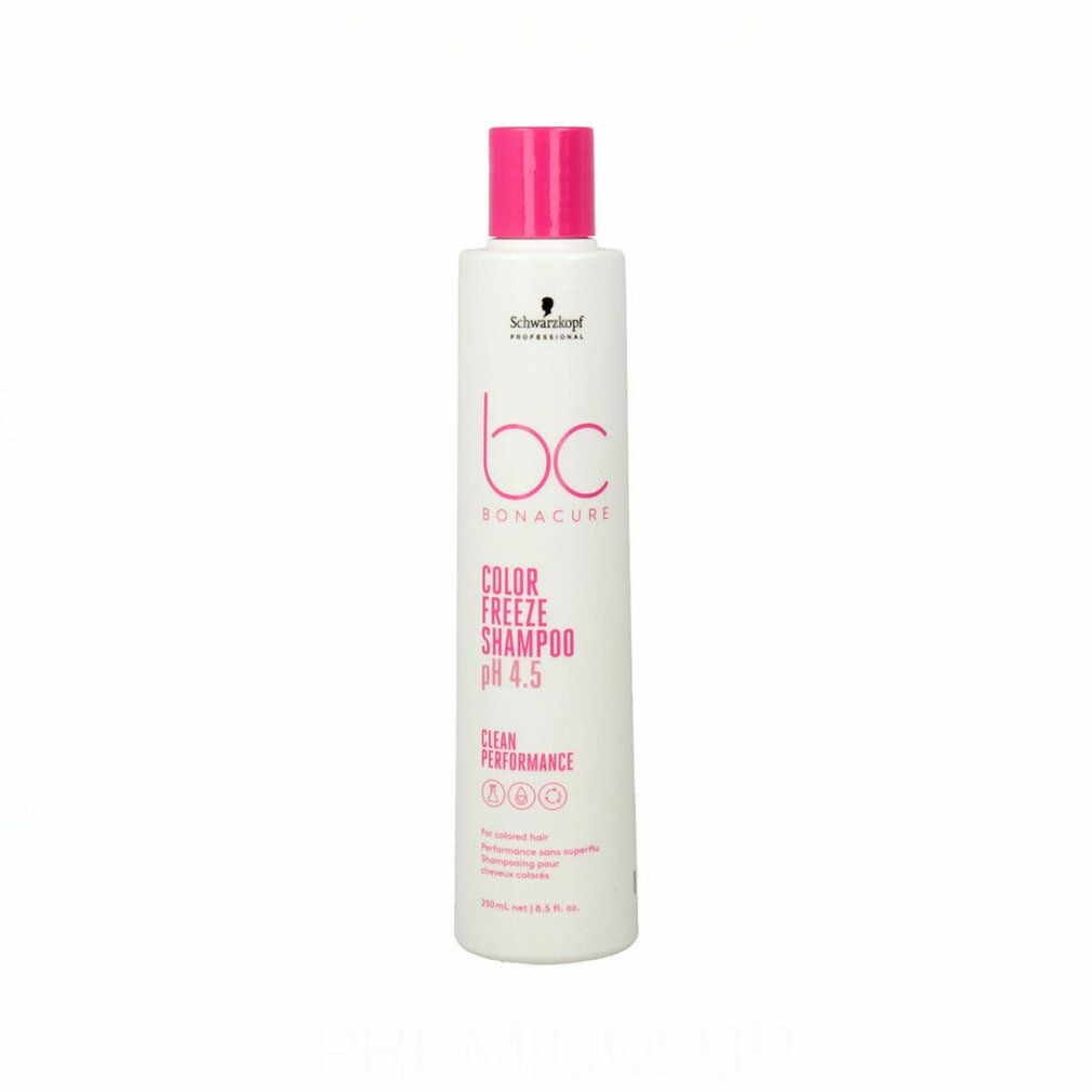 Weiße Shampoo-Flasche mit pinkfarbenem Deckel. Aufschrift: bc BONACURE COLOR FREEZE SHAMPOO pH 4.5.  Professionelles Produkt.