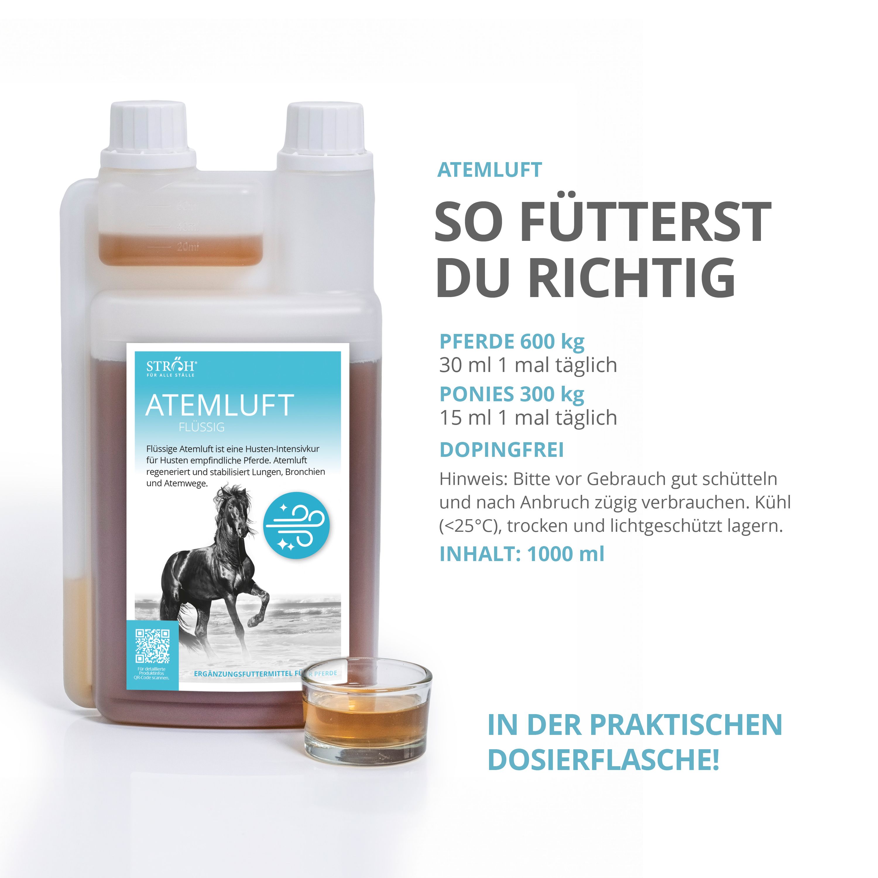 Flasche mit Flüssigkeit und Glas. Text: ATEMLUFT FLÜSSIG. Text: Dosierung für Pferde und Ponys. Inhalt: 1000 ml.