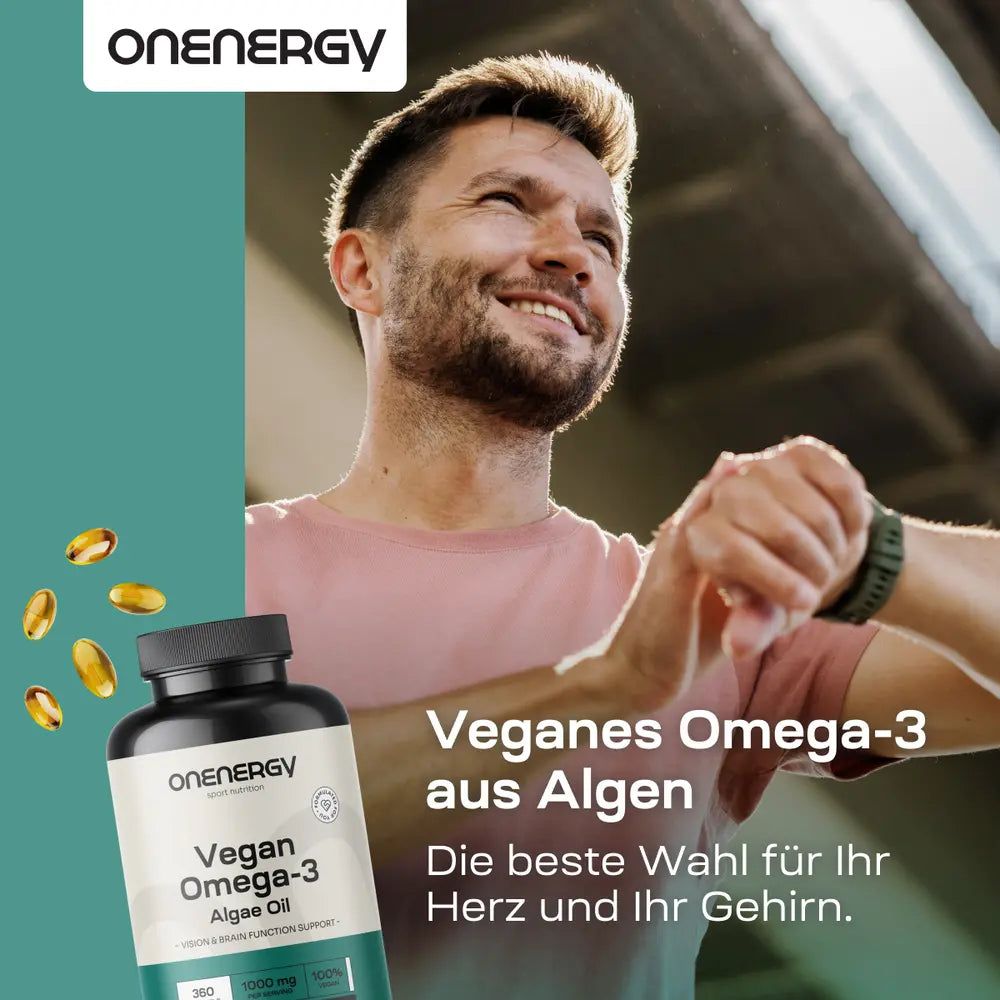 Flasche mit veganem Omega-3 aus Algenöl, 360 Weichkapseln, Vorrat für 6 Monate.
