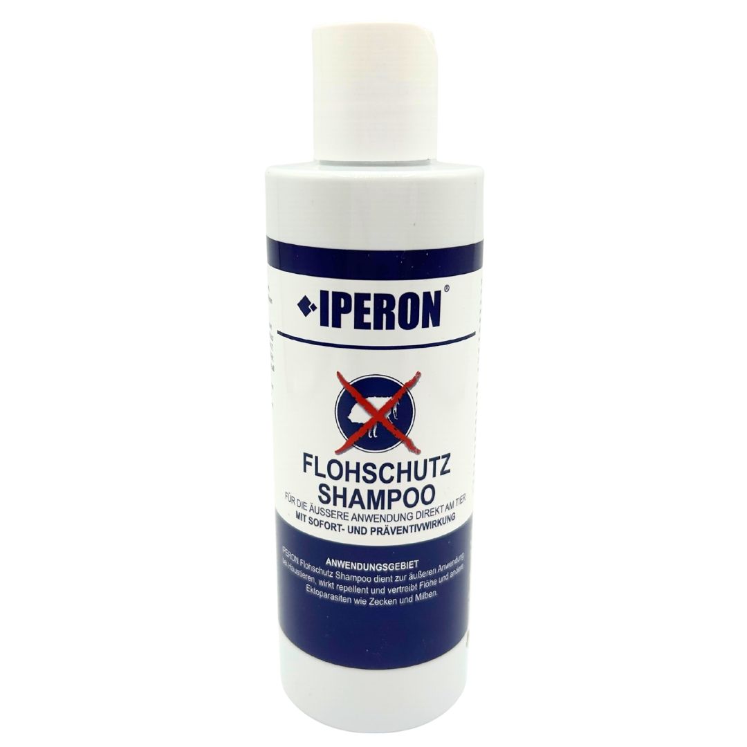 Flasche IPERON® Flohschutz Shampoo mit weißem Verschluss und blauem Etikett.