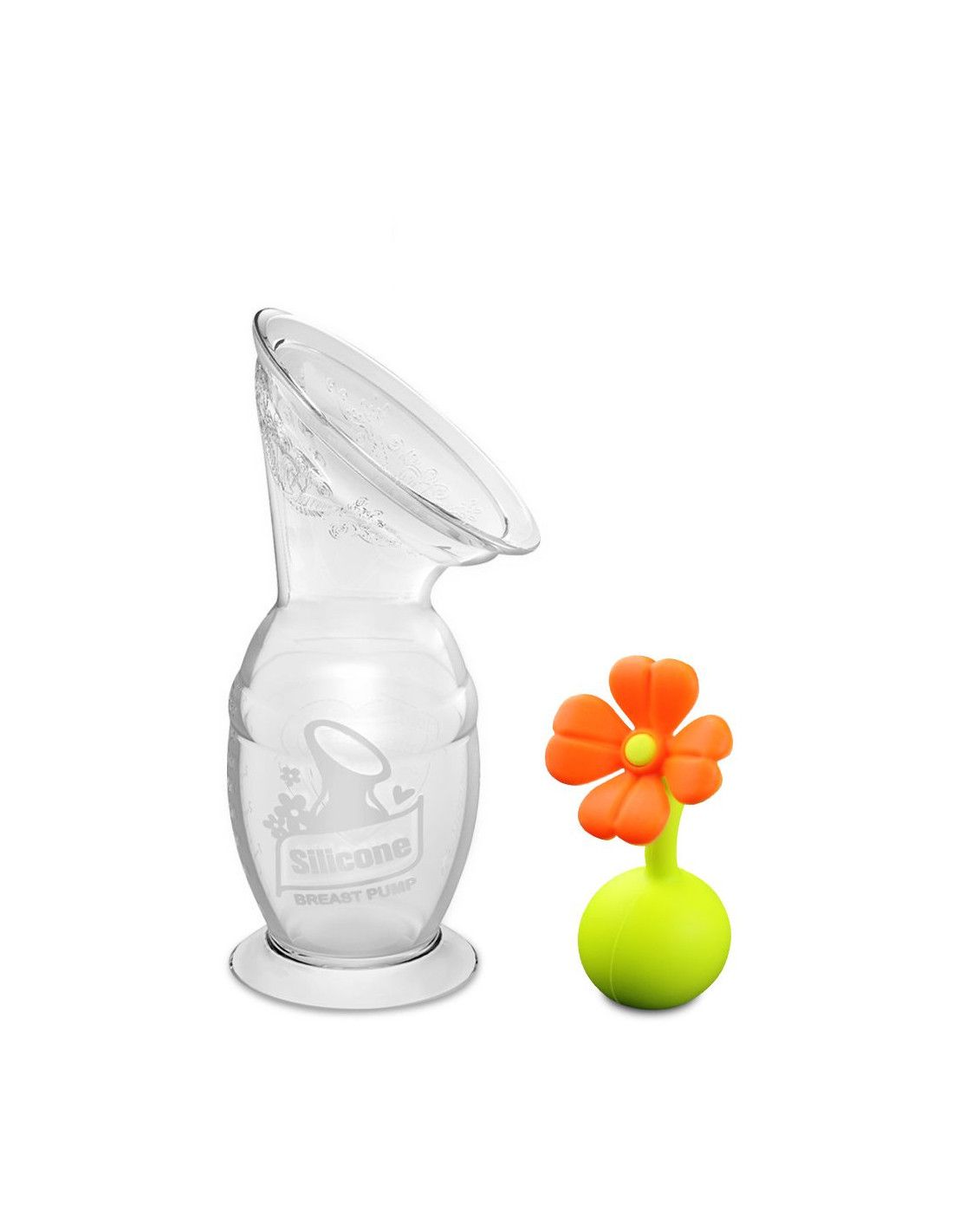 Transparente Milchpumpe und Blumenverschluss. Orangefarbener Blumenverschluss. Aufdruck: Silicone Breast Pump.