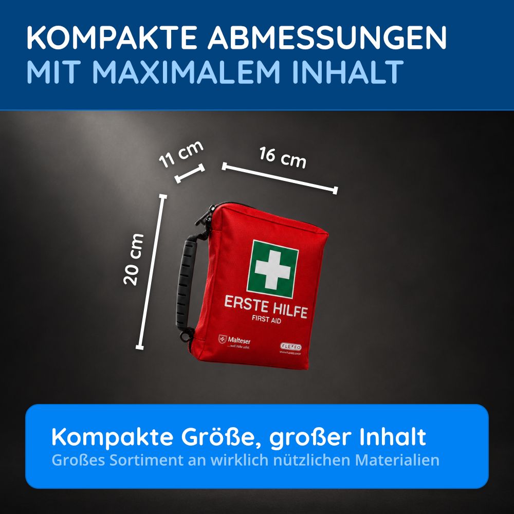 Erste-Hilfe-Tasche mit Maßen 20x11x16 cm, kompakt und gut gefüllt.