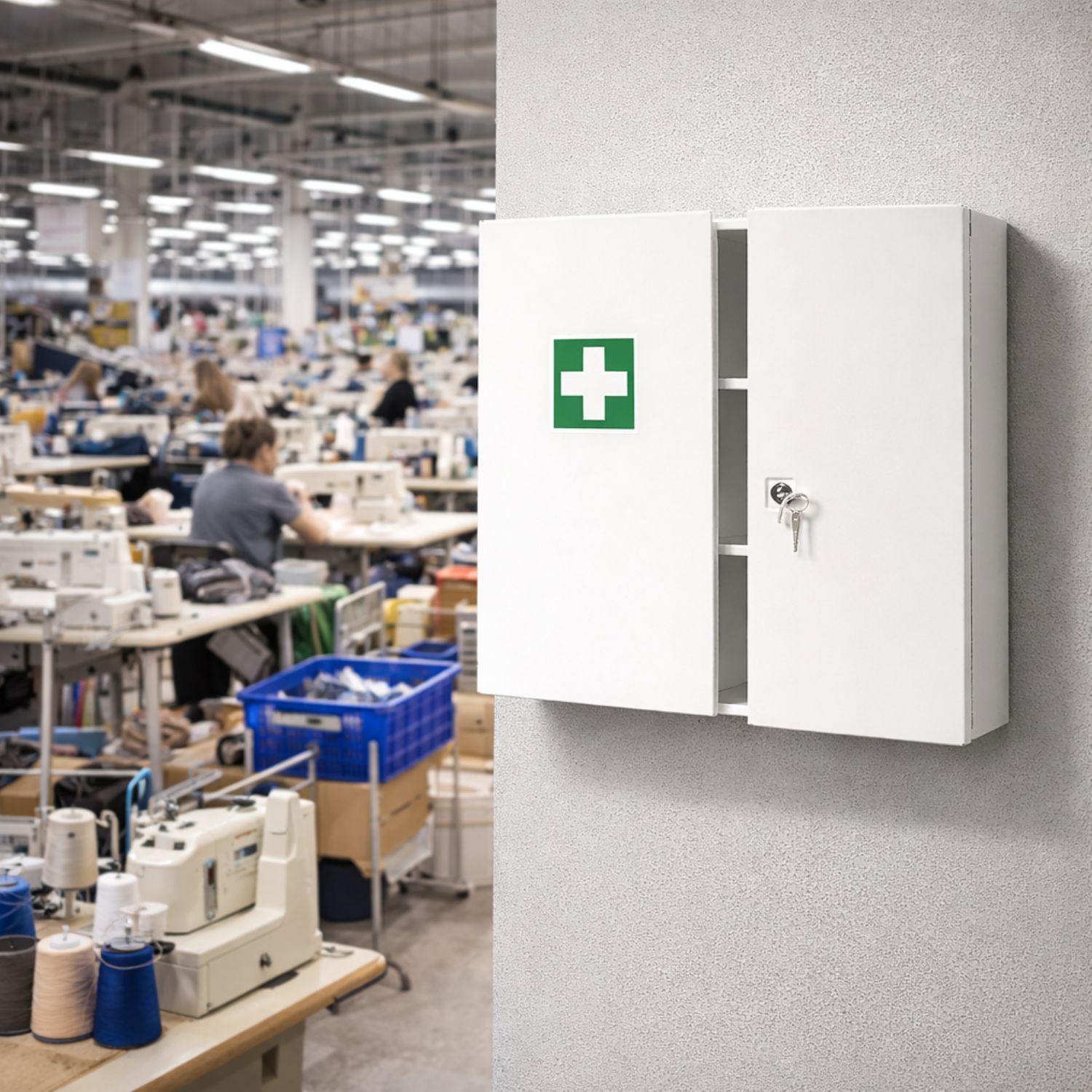 Verbandschrank an Wand, geöffnet. Fabrik im Hintergrund. Grünes Kreuz. Schlüssel.