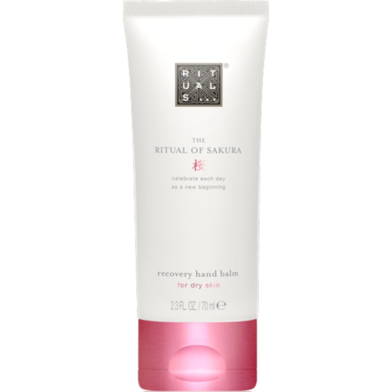 Handbalsam-Tube. Weiß, rosa Unterteil. Aufschrift: Rituals, The Ritual of Sakura, recovery hand balm for dry skin.