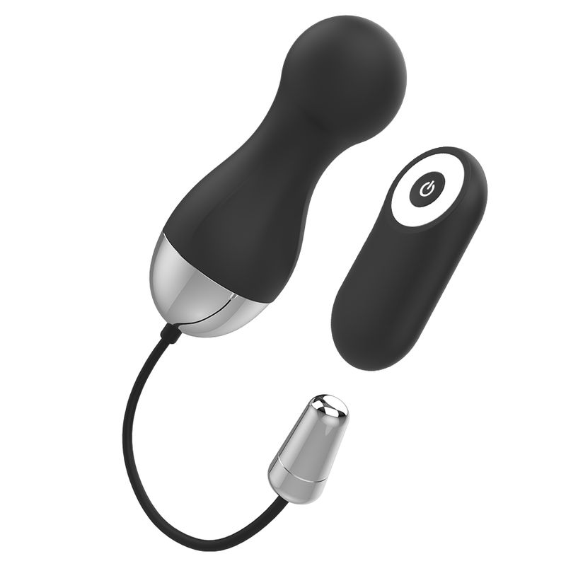 Schwarzes Ei mit Fernbedienung und Kegel. Silberfarbene Akzente. Kabelverbindung. Auf weißem Hintergrund.