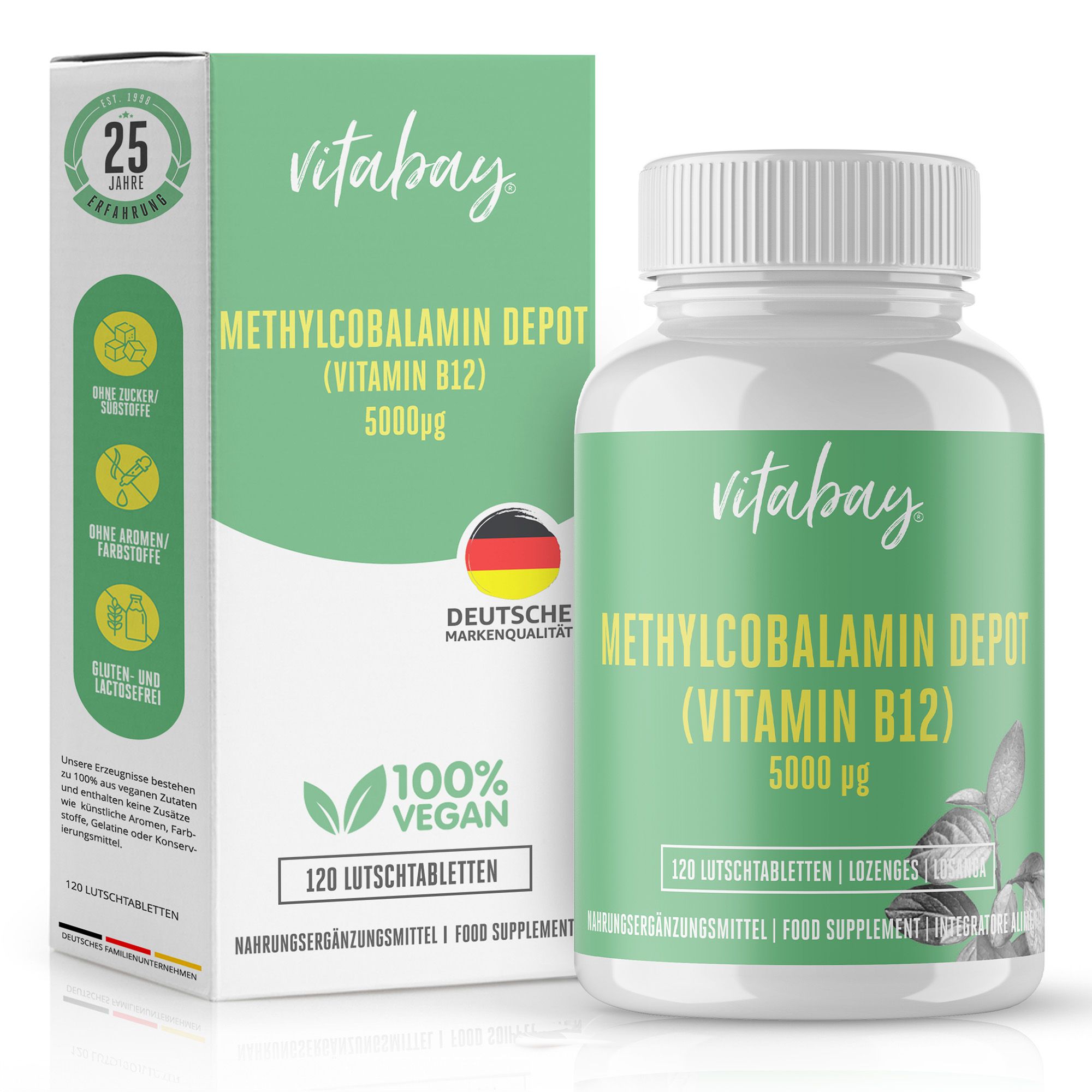 Produktflasche und Verpackung. Text: Methylcobalamin Depot (Vitamin B12) 5000 µg. Text: 100% Vegan.