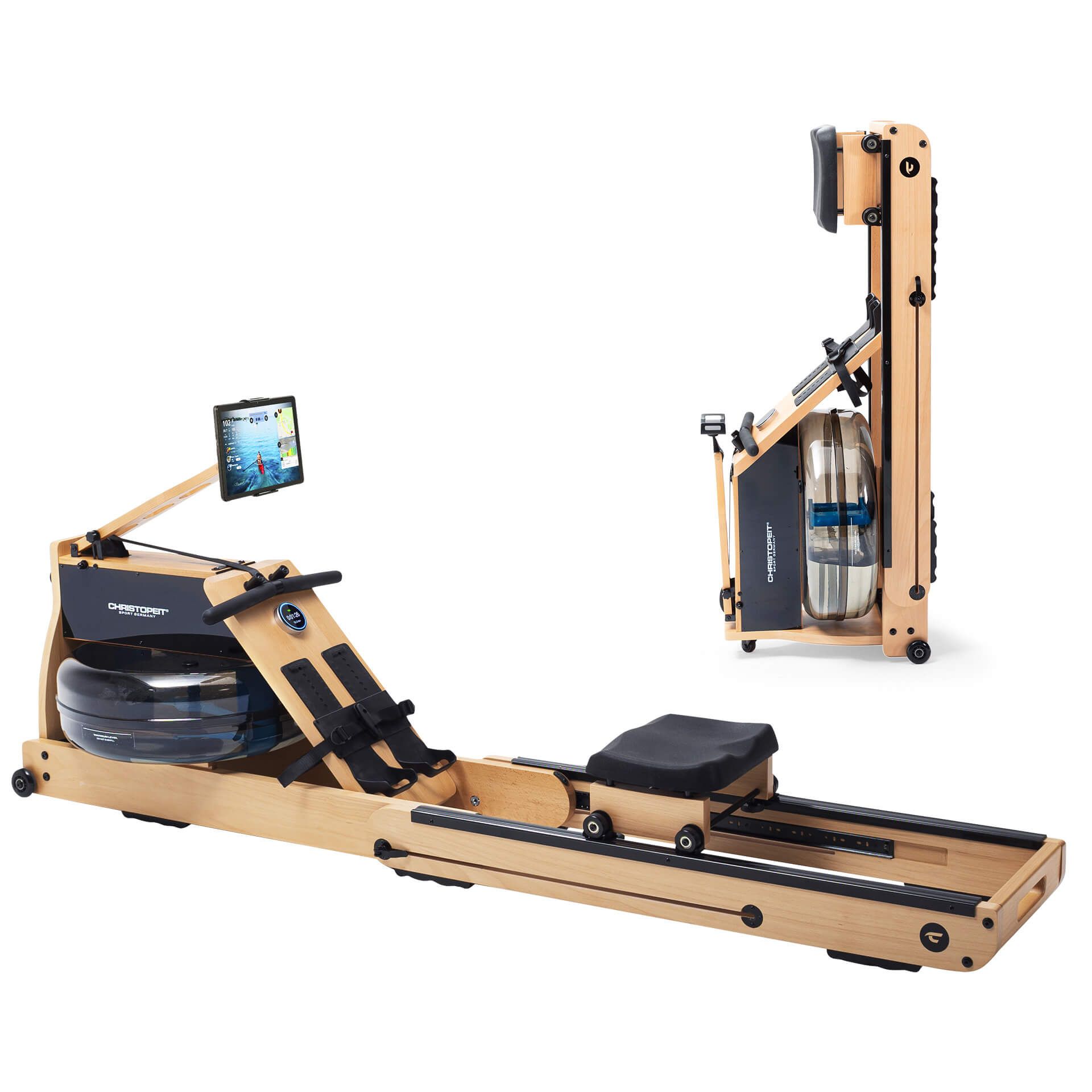 Holz-Wasserrudergerät. Zusammengeklappt und ausgeklappt. Schwarzer Sitz. Wasserbehälter. Tablet-Halterung. Text: CHRISTOPEIT SPORT.