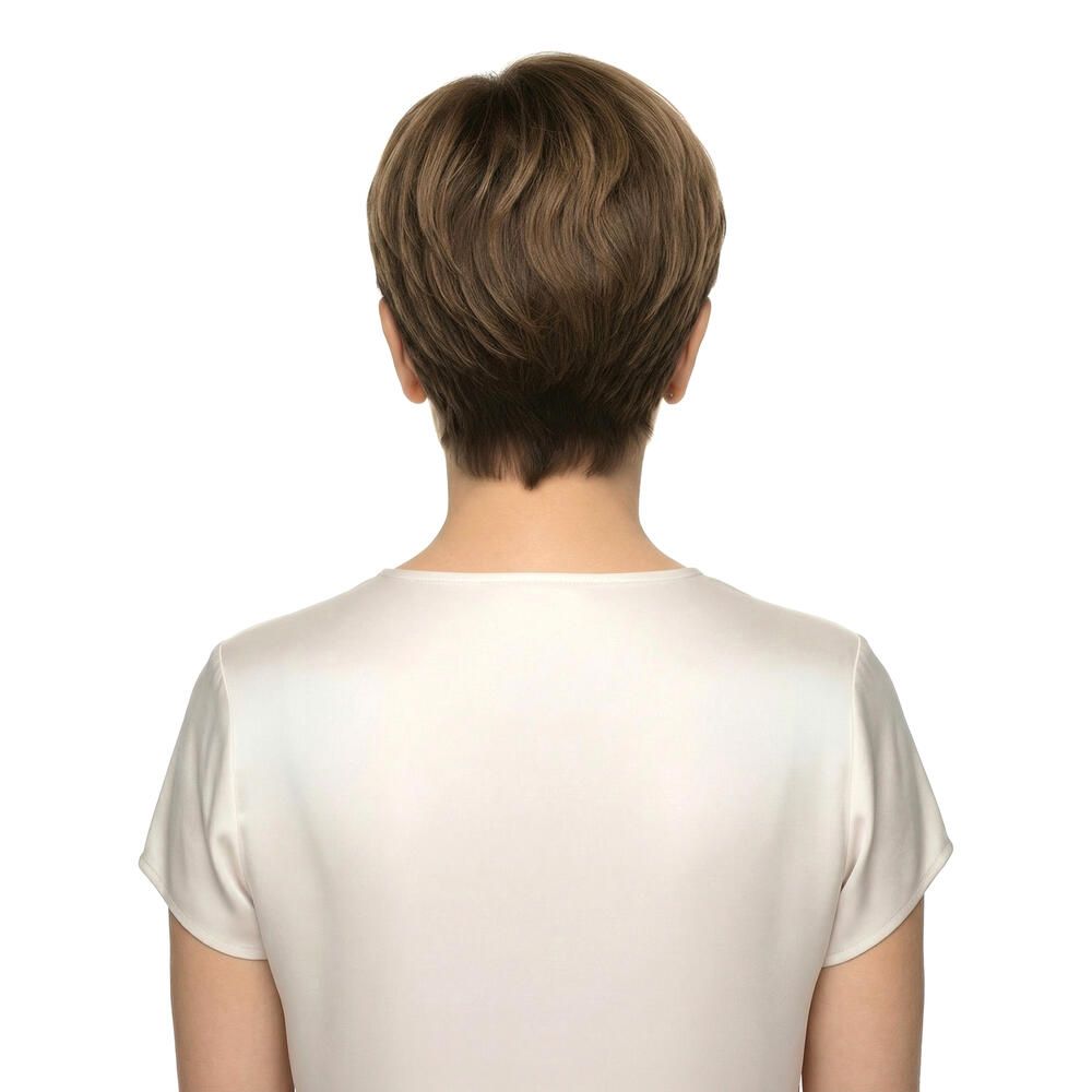 Perücke mit braunen Haaren, Bob-Schnitt, Rückansicht. Frau trägt ein weißes Oberteil.