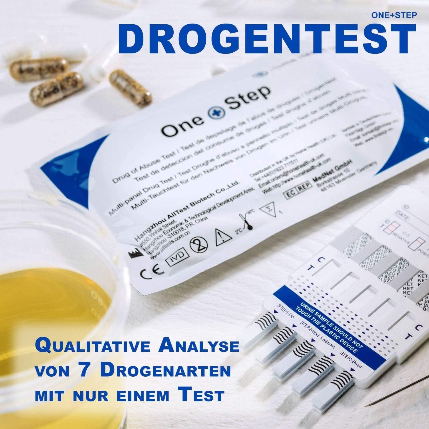 One+Step Drogentest-Verpackung und Teststreifen. Enthält eine Flüssigkeit und Kapseln. Text: Qualitative Analyse von 7 Drogenarten mit nur einem Test.