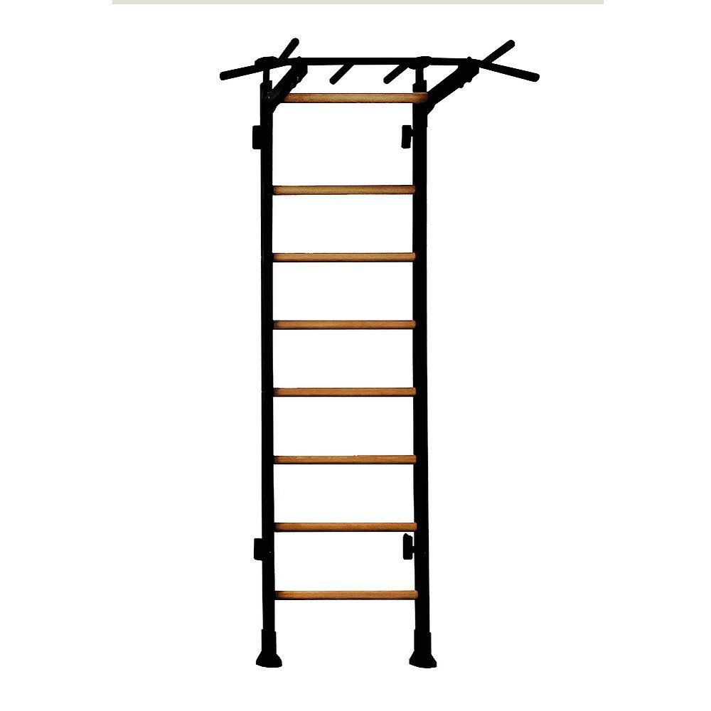 Sprossenwand mit Klimmzugstange. Schwarzer Rahmen, Holzsprossen. Obere Klimmzugstange.