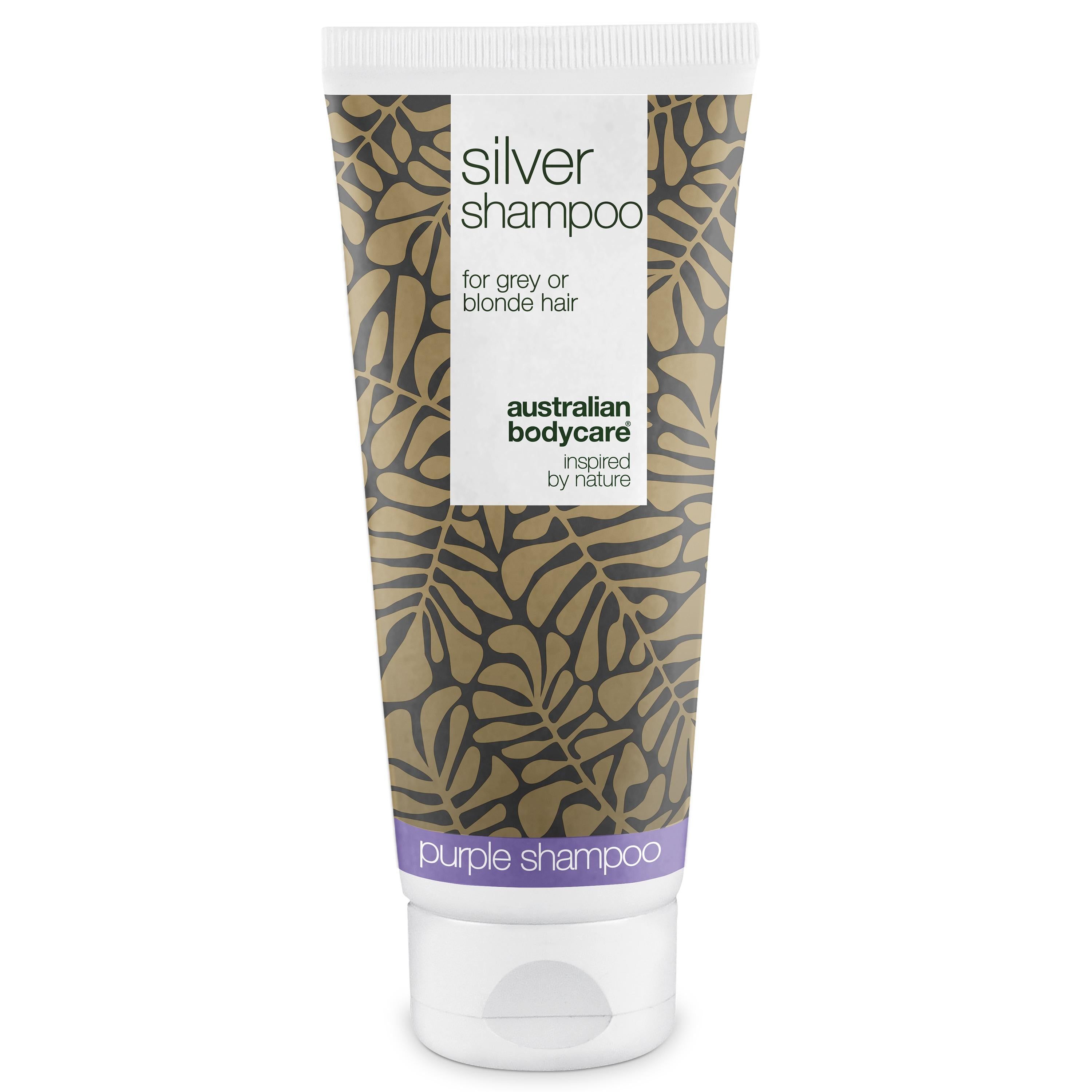 Tube mit silbernem Shampoo. Aufschrift: Silver Shampoo, für graues oder blondes Haar. Marke: Australian Bodycare.