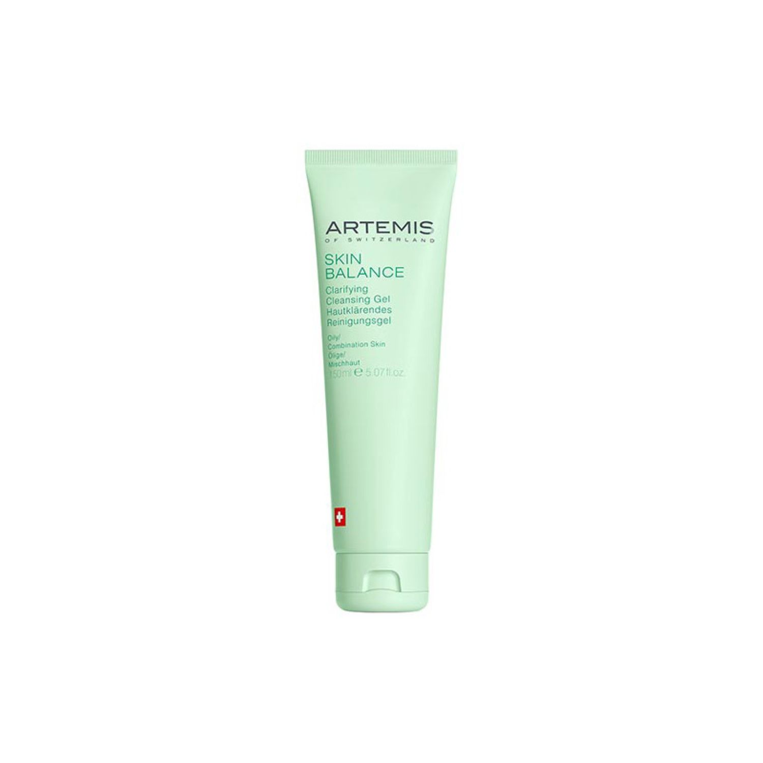 Hellgrüne Tube mit Produktaufschrift. Text: ARTEMIS, SKIN BALANCE, Clarifying Cleansing Gel. Schweizer Kreuz.