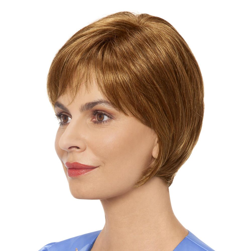 Kurzhaarperücke, goldbraun, mit Pony. Frau, Seitenansicht.