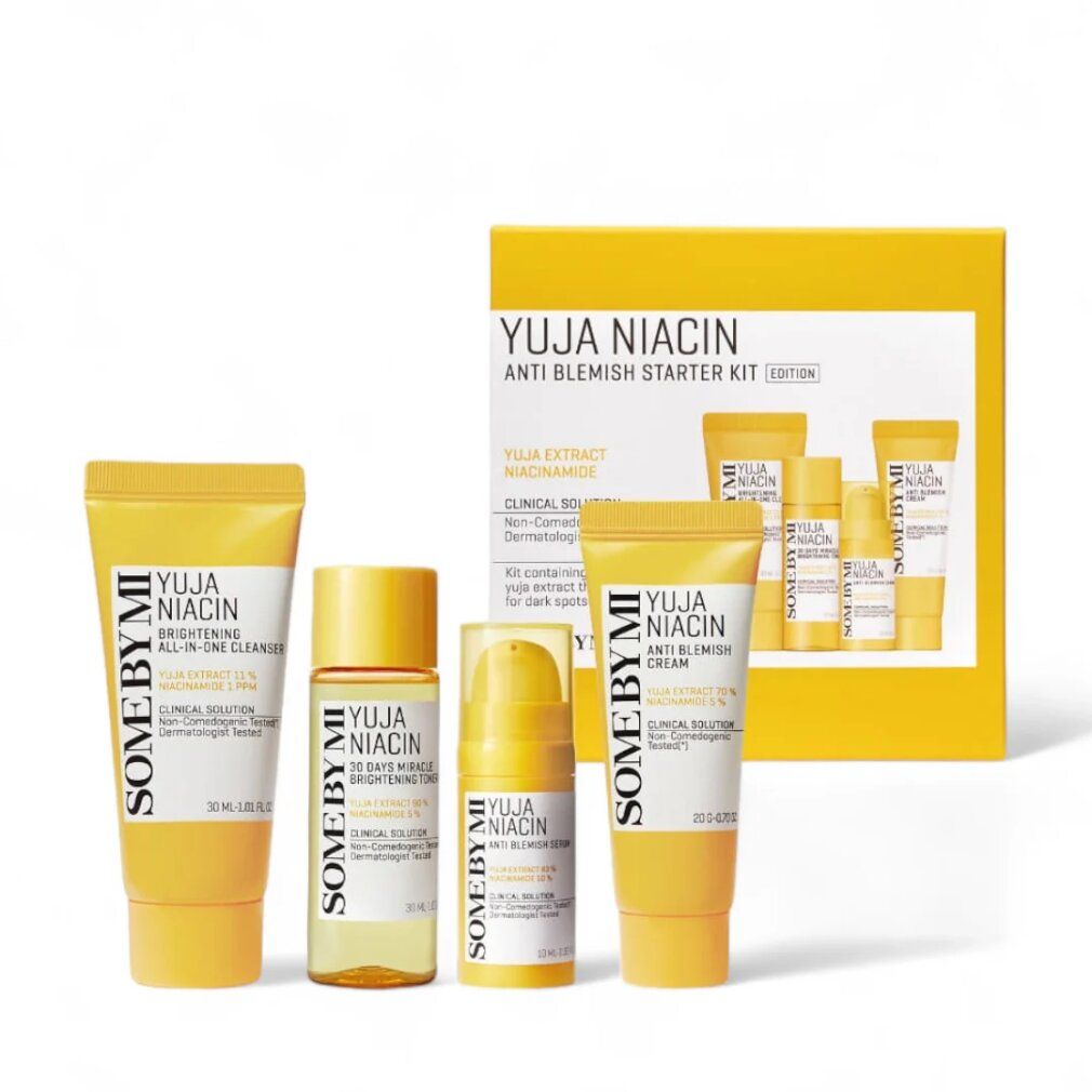 SOMEBYMI Yuja Niacin Anti Blemish Starter Kit mit vier Produkten und einer Box.