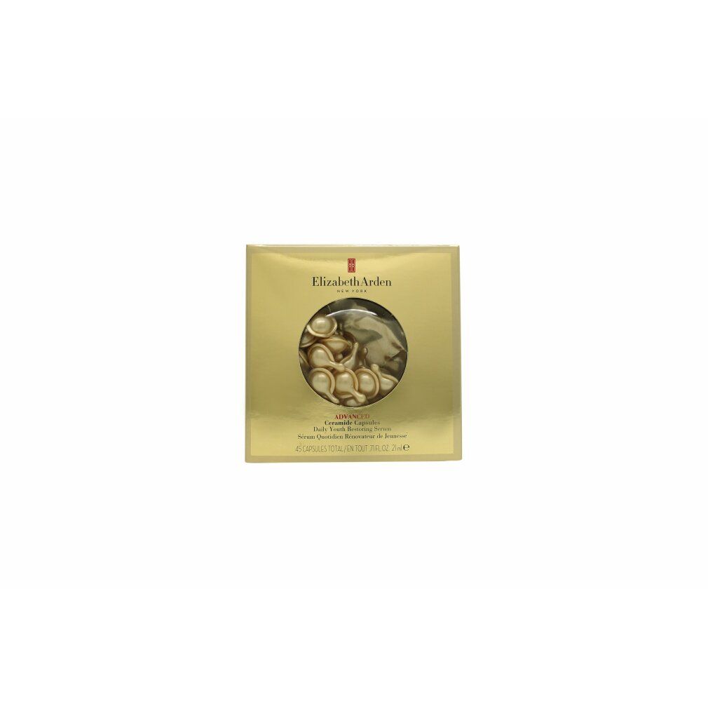 Goldene Schachtel mit Ceramid-Kapseln. Aufschrift: Elizabeth Arden, Advanced Ceramide Capsules, Daily Youth Restoring Serum, 45 Kapseln.