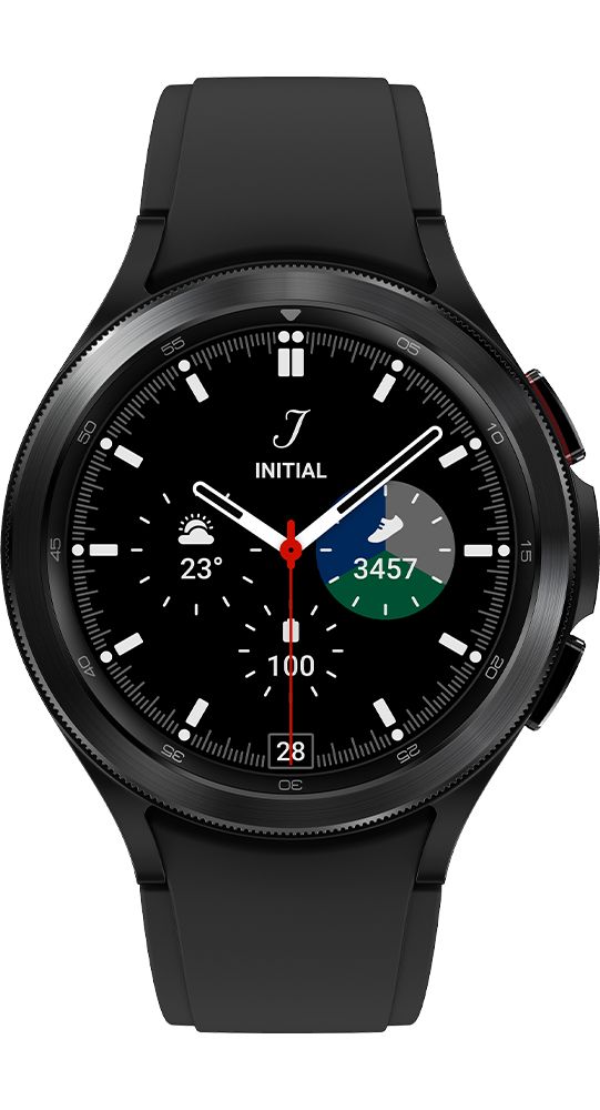 Schwarze Smartwatch mit rundem Zifferblatt. Zeigt Uhrzeit, Temperatur und Aktivitätsdaten an. Schwarzes Armband.