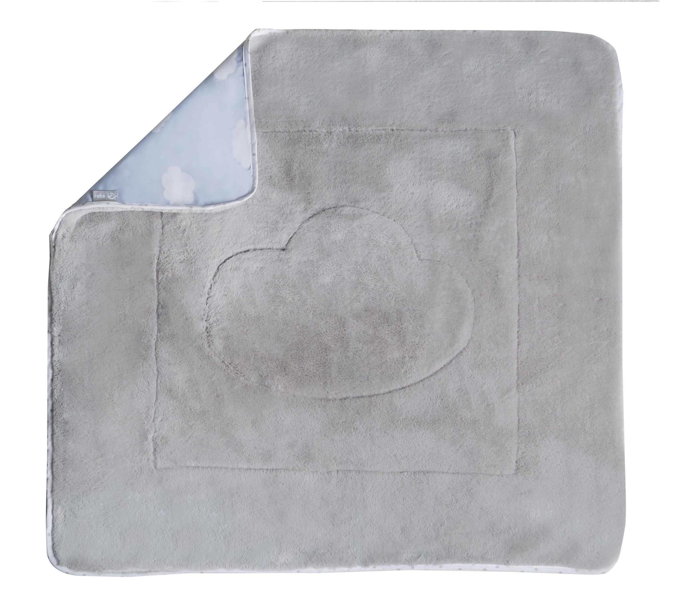 Kuscheldecke, grau, mit Wolkenmotiv. Rückseite: blau mit weißen Wolken. Quadratische Form.