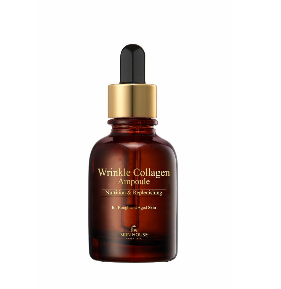 Braune Glasflasche mit schwarzem Deckel und goldfarbenem Verschluss. Beschriftung: Wrinkle Collagen Ampoule.