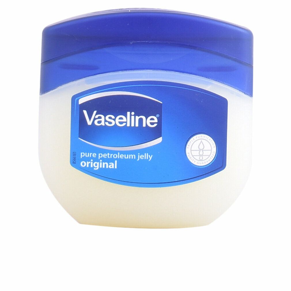 Barattolo con coperchio blu. Etichetta "Vaseline", "pure petroleum jelly original".