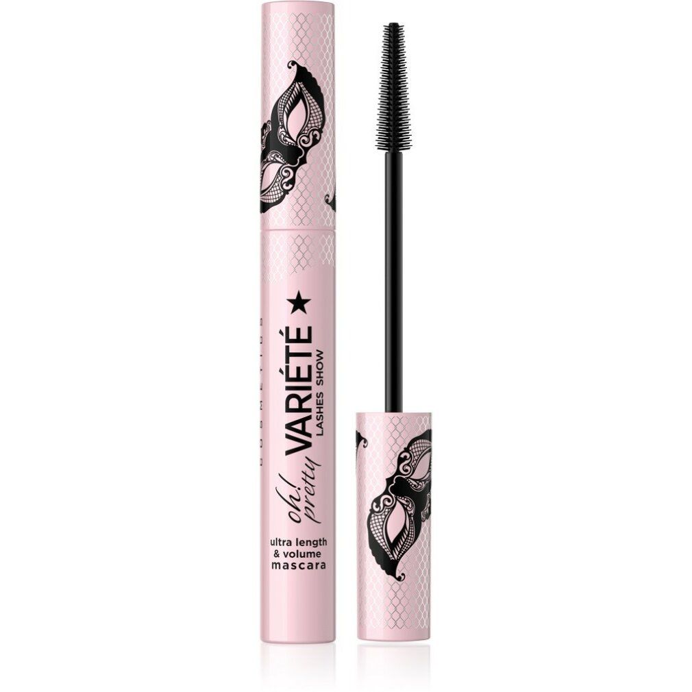 Rosa Mascara-Tube mit schwarzer Bürste. Aufschrift: Variété, Oh! pretty, ultra length & volume mascara. Schwarze Masken-Illustration.