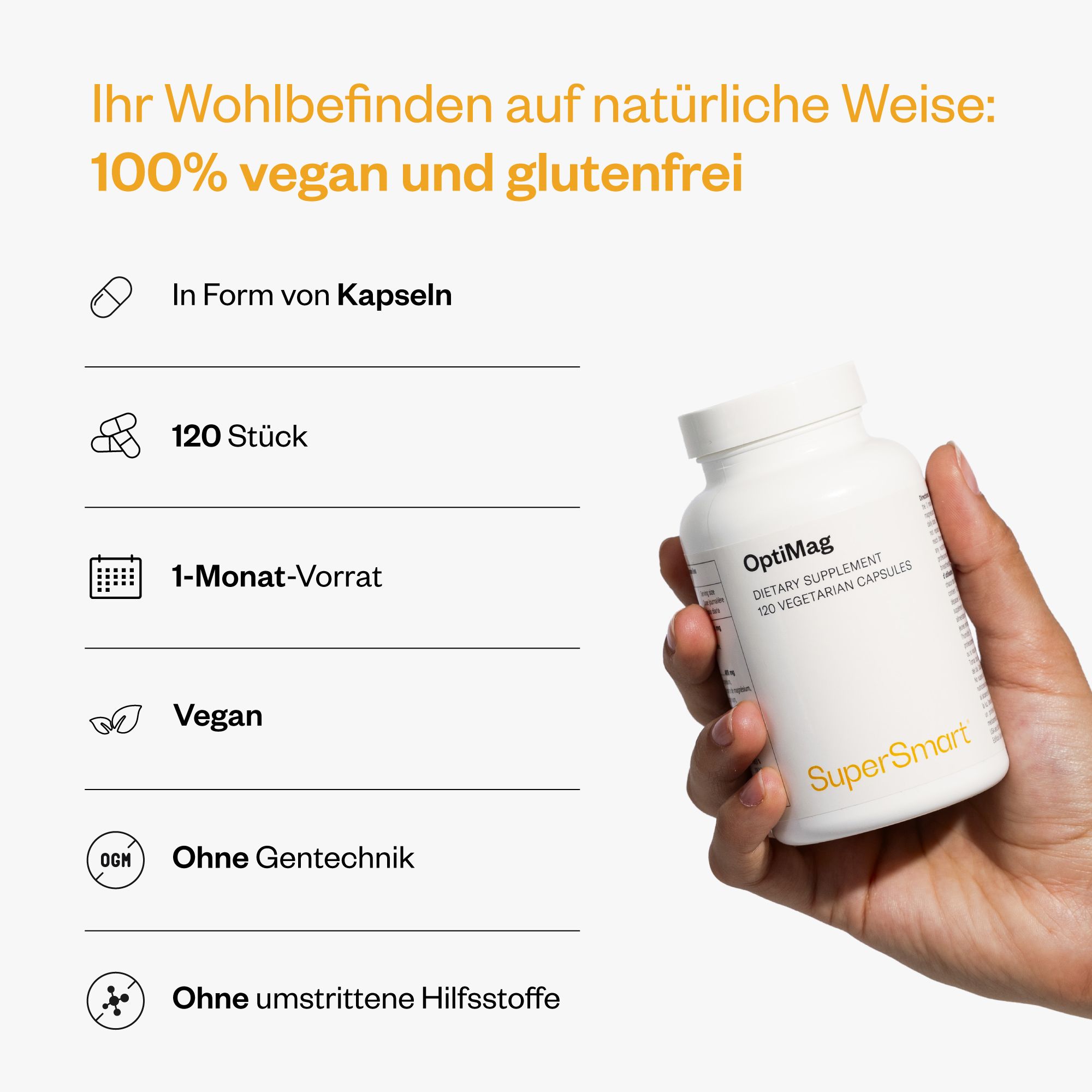 Weiße Flasche OptiMag-Nahrungsergänzungsmittel. 120 Kapseln, 1-Monats-Vorrat. Vegan, ohne Gentechnik, ohne Hilfsstoffe. SuperSmart.