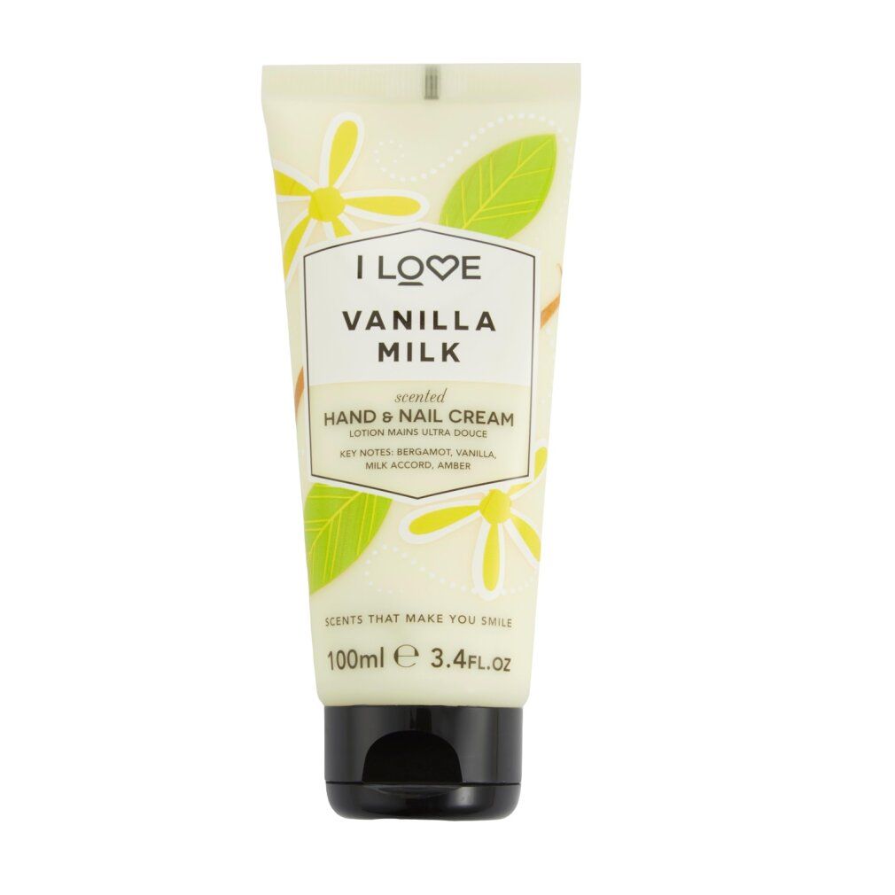 Creme-Tube mit floralem Design. Aufschrift: I Love Vanilla Milk Hand & Nail Cream. Schwarzer Verschluss. 100ml.