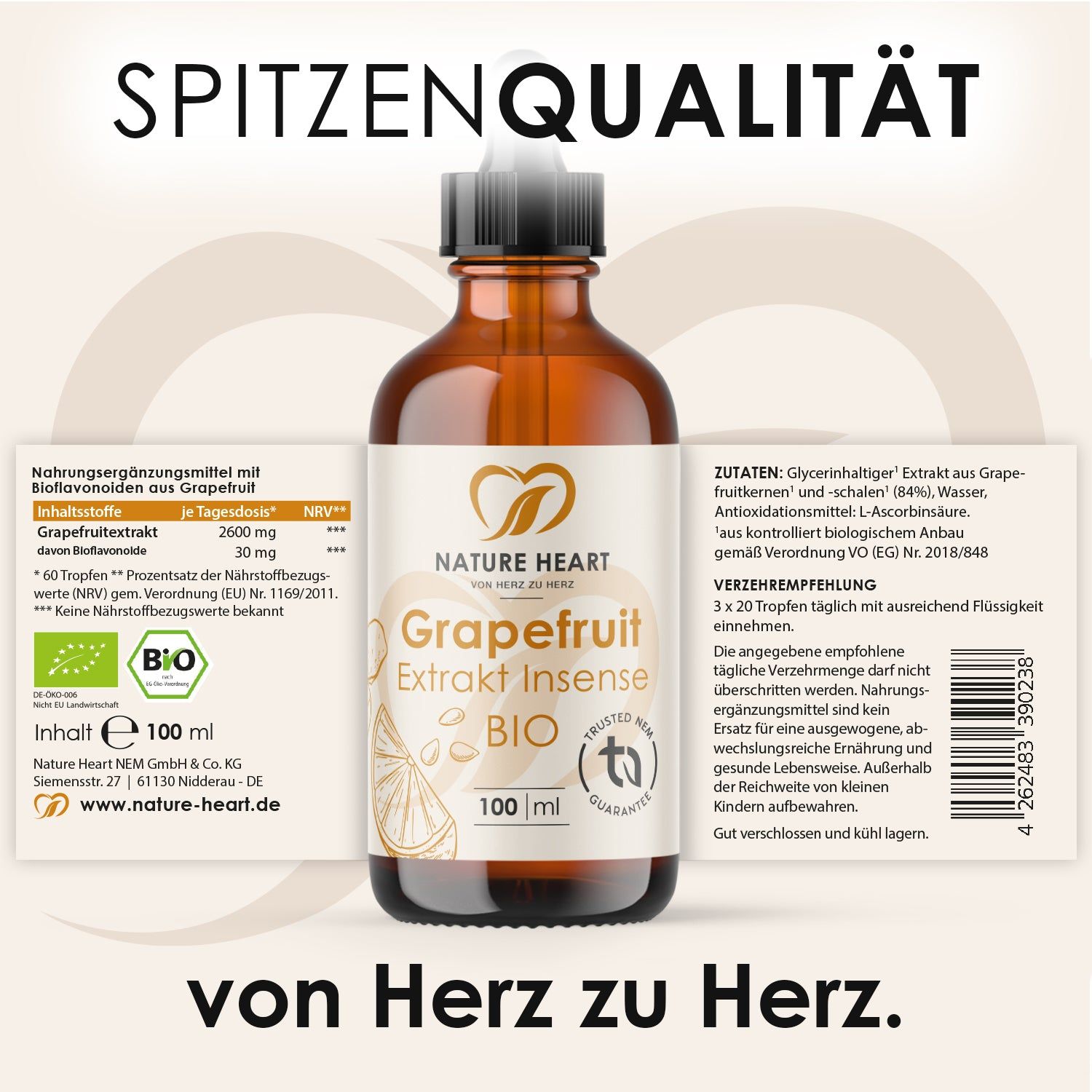 Braune Glasflasche mit Tropfer, Etiketten mit Produktinformationen. Text: Nature Heart, Grapefruit Extrakt Insense BIO, 100 ml.