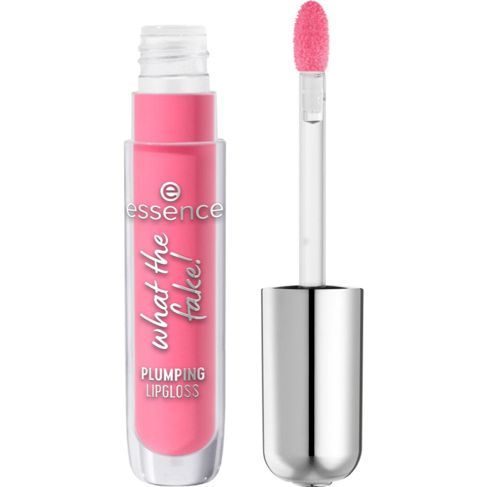 Aufpolsternder Lipgloss in rosa. Transparente Tube mit silbernem Deckel. Aufschrift: Essence, What the Fake!, Plumping Lipgloss. Applikator sichtbar.
