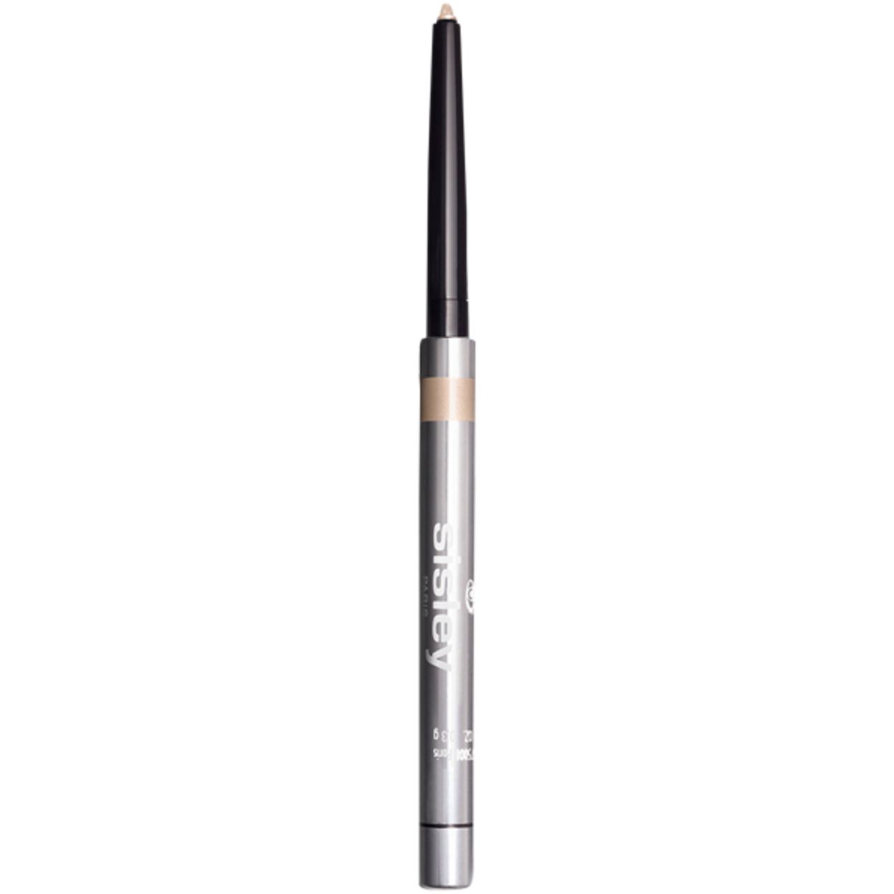 Silberfarbener Eyeliner mit schwarzer Spitze. Aufschrift Sisley. Helle Mine sichtbar.