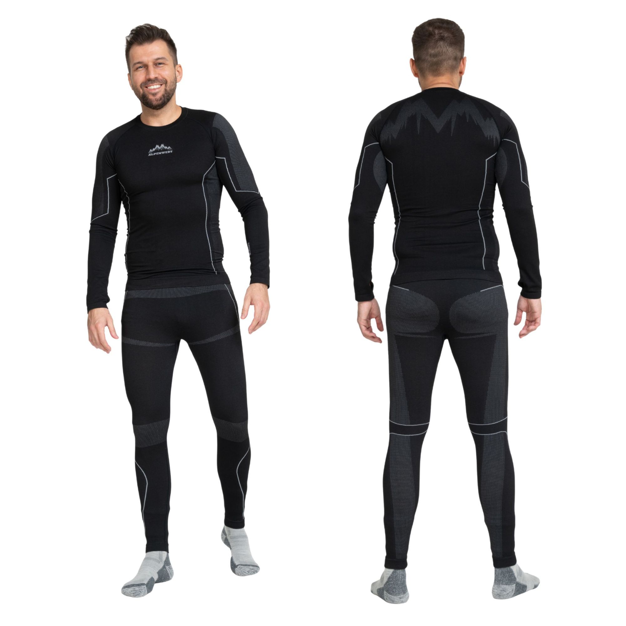 Mann trägt schwarze Thermounterwäsche: Langarmshirt und lange Hose.