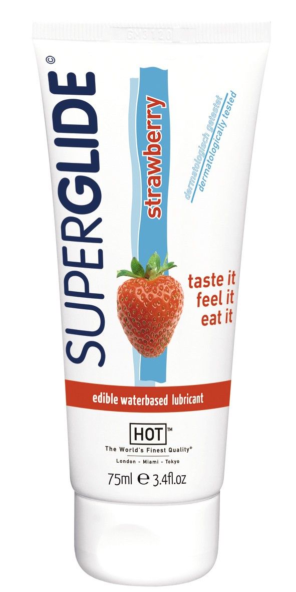 Tube mit Produktaufdruck. Erdbeer-Motiv, Schriftzug SUPERGLIDE, HOT-Logo. Dermatologisch getestet. 75ml.