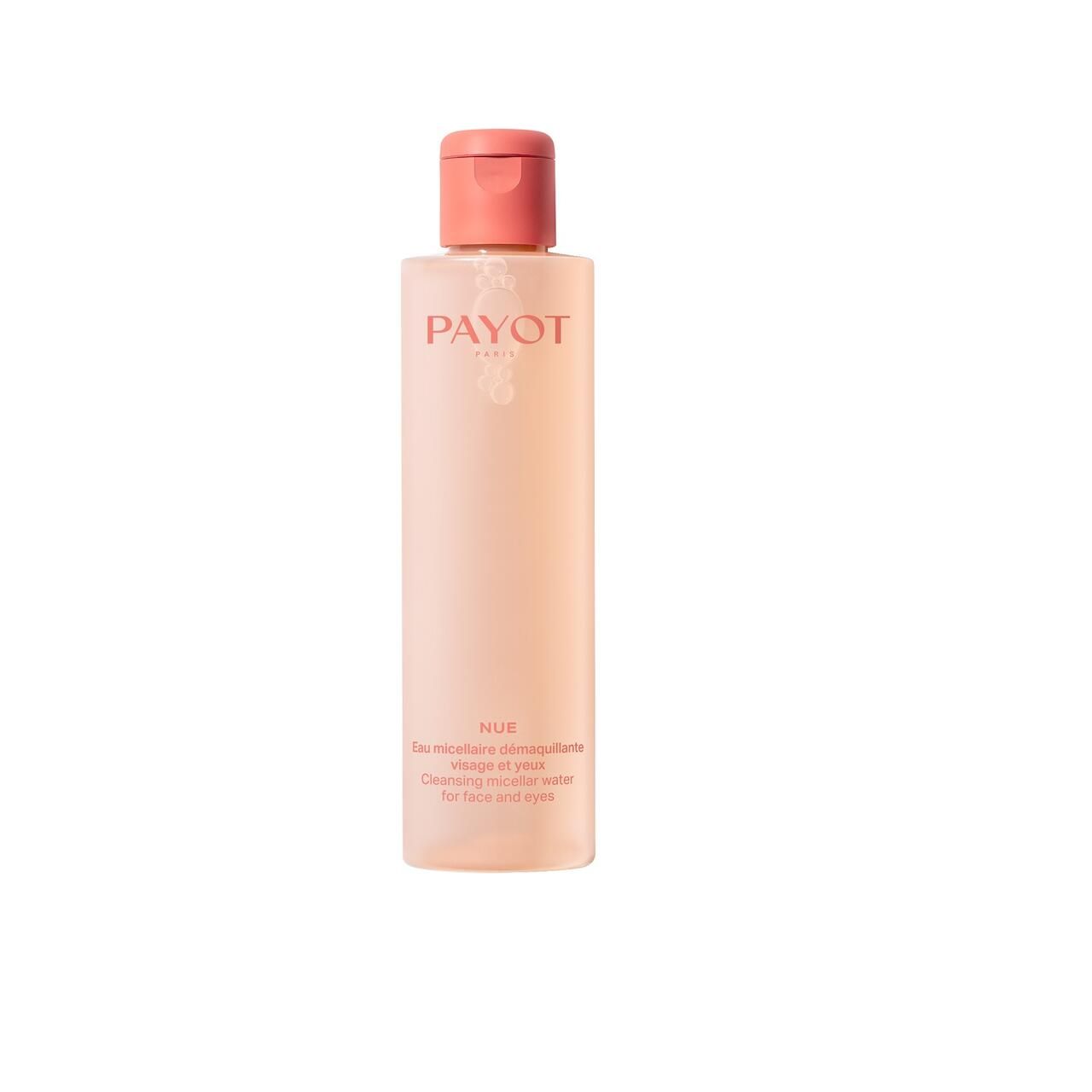 Payot Flasche, rosa, mit rosafarbenem Deckel. Aufschrift: PAYOT. Text: Nue Eau Micellaire Démaquillante, Cleansing micellar water for face and eyes.