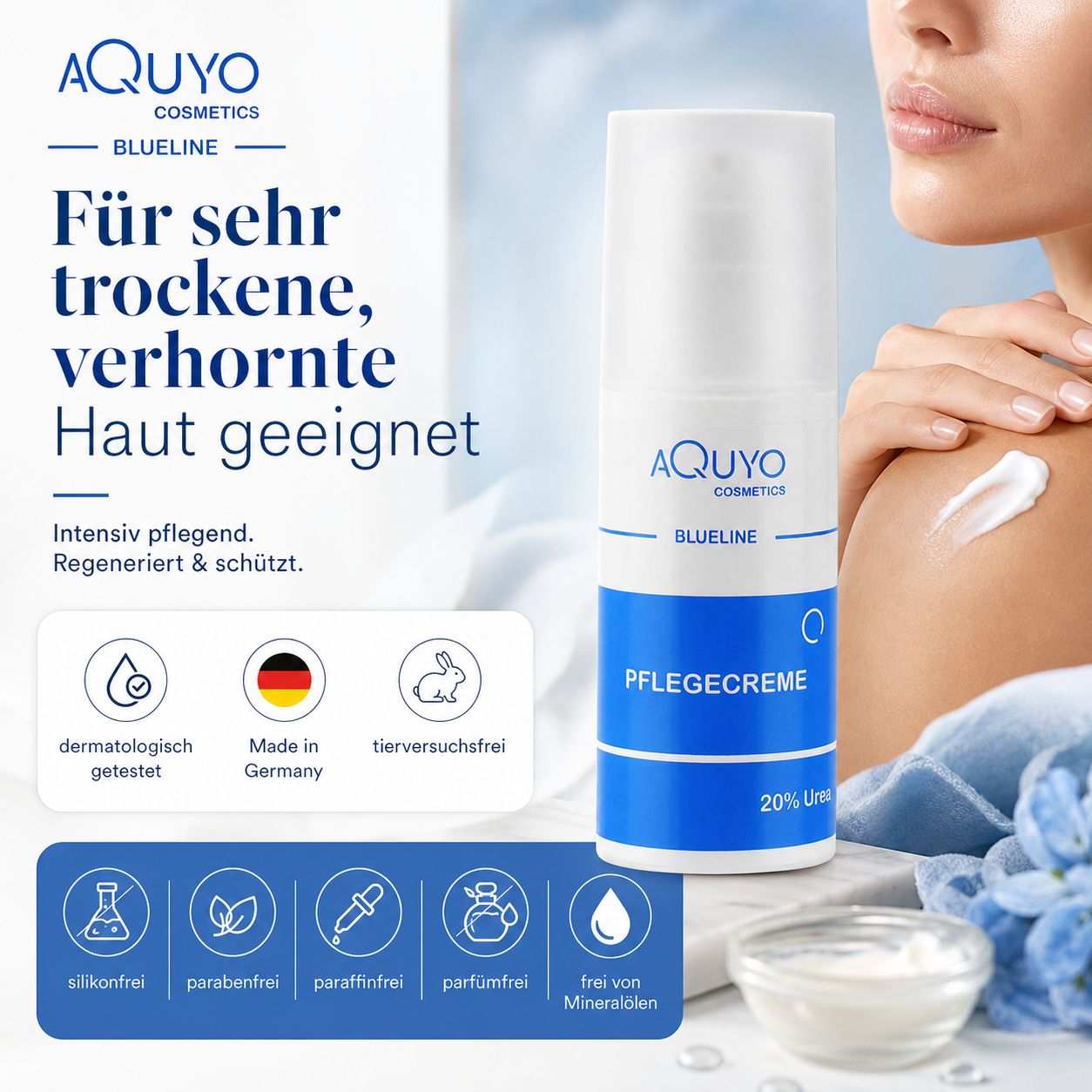 Creme-Flasche mit Text: Für sehr trockene, verhornte Haut geeignet. Logos: dermatologisch getestet, Made in Germany, tierversuchsfrei.