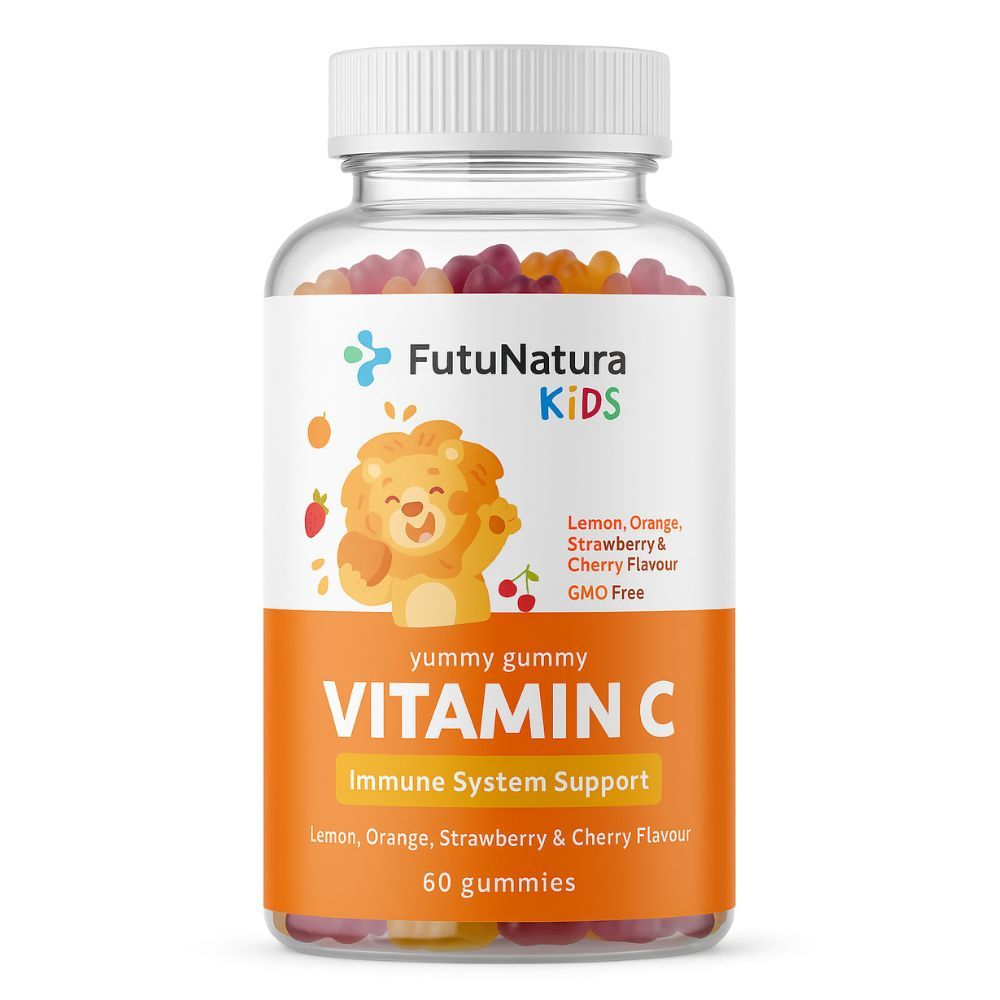 Flasche mit Vitamin C Gummibärchen. Etikett mit Logo, Text und Illustration. 60 Gummies. GMO-frei.