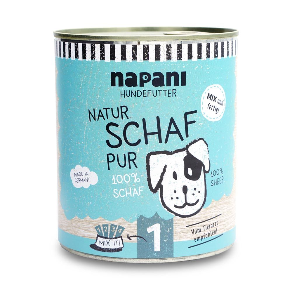 Hundefutterdose, blau, mit Aufschrift 'Schaf pur'. Abbildung eines Hundes. 'Napani' Logo.