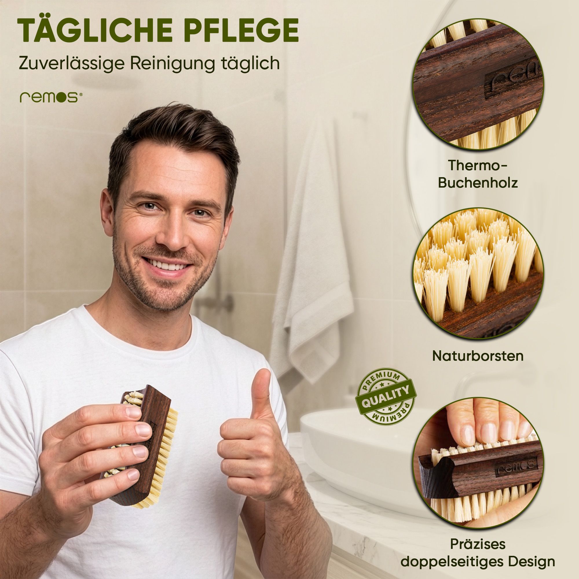 Mann hält eine Holz-Handbürste mit Borsten und zeigt Daumen hoch. Detailansichten von Holz und Borsten.