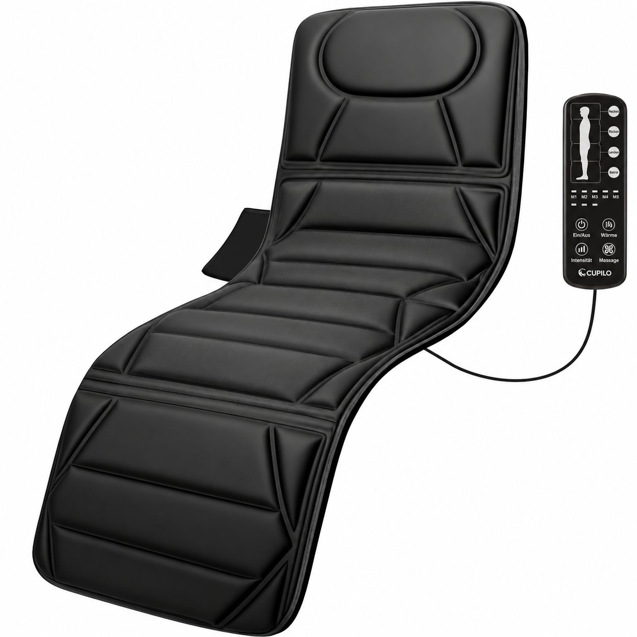 Schwarze, ergonomisch geformte Massagematte mit Fernbedienung.