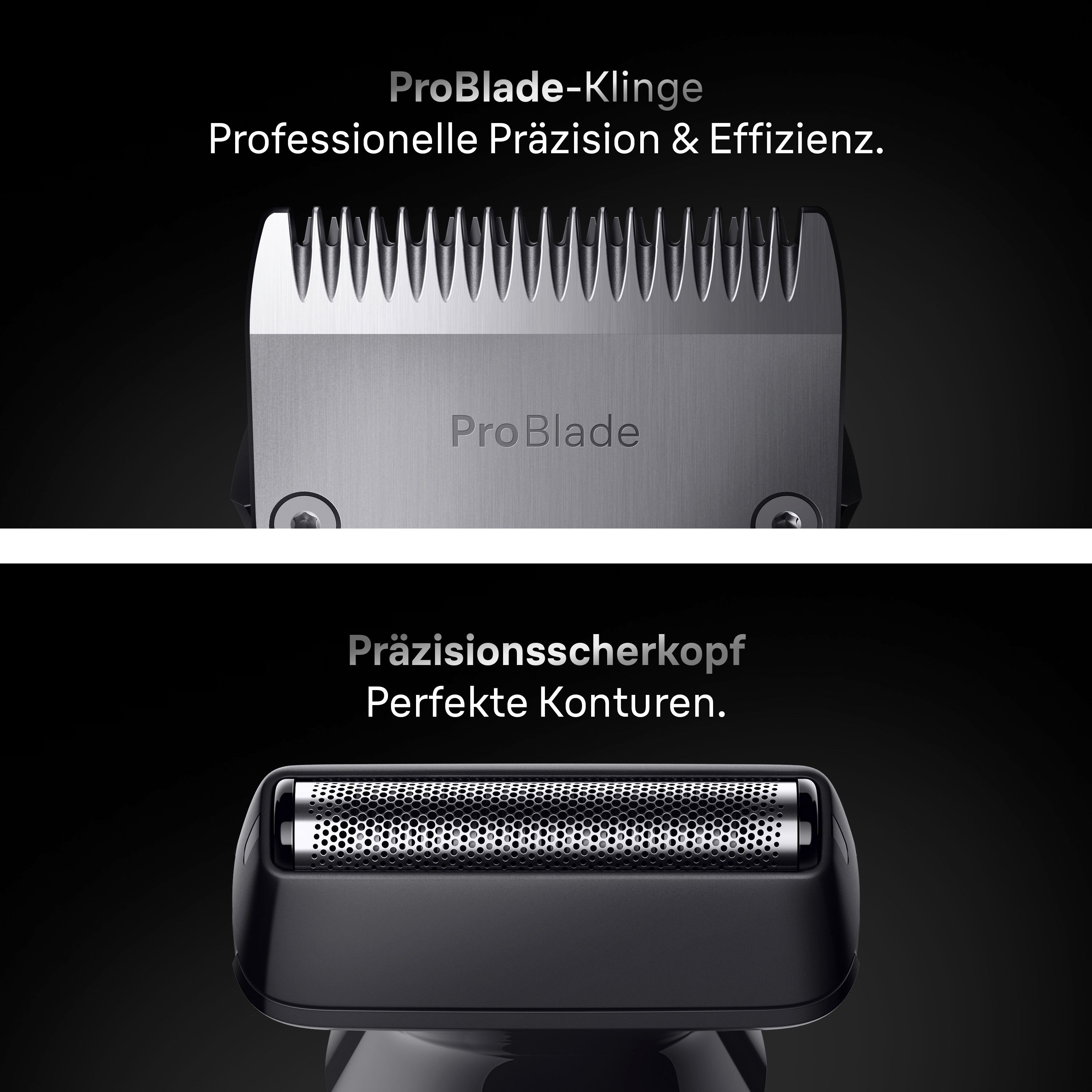 Detailansicht: ProBlade-Klinge und Präzisionsscherkopf. Schwarzer Hintergrund.